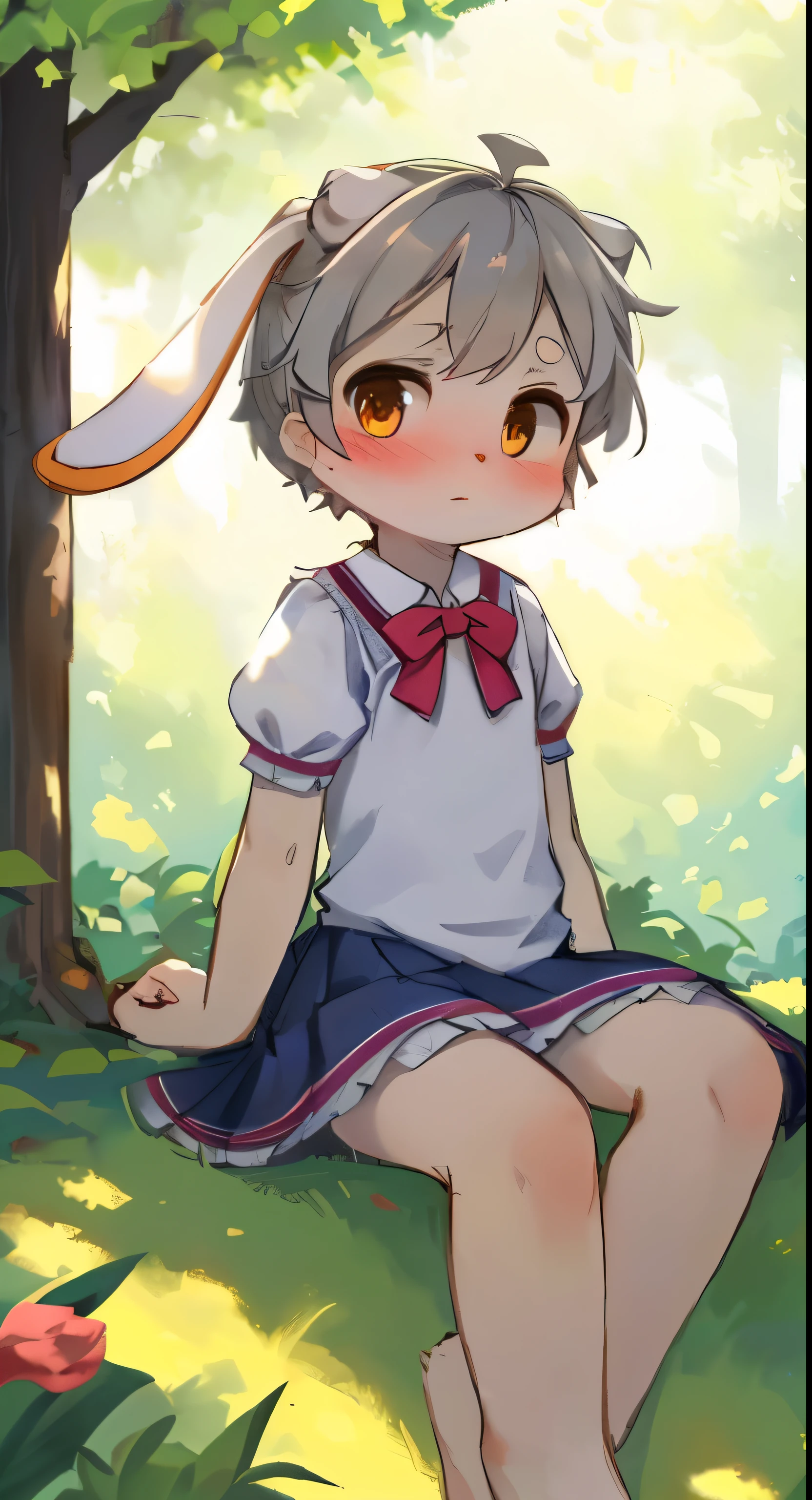 Masterpiece of Art, Top Quality,
One girl, alone,
Animal ears, rabbit,
Barefoot, grass beneath,
Skirt flowing in the breeze,
Sitting, looking at the audience, with a shy, teasing, blushing expression (1.3),
Rabbit ears twitching, short sleeves mottled by the sunlight,
Bangs covering forehead, daytime, outdoors,
Gray hair, puff sleeves adding volume,
Full body painting, white dress, sunlight filtering through.
Graphite pencils capturing every detail,
Lines of movement flowing seamlessly,
Brown eyes expressing a thousand emotions,
Lines and