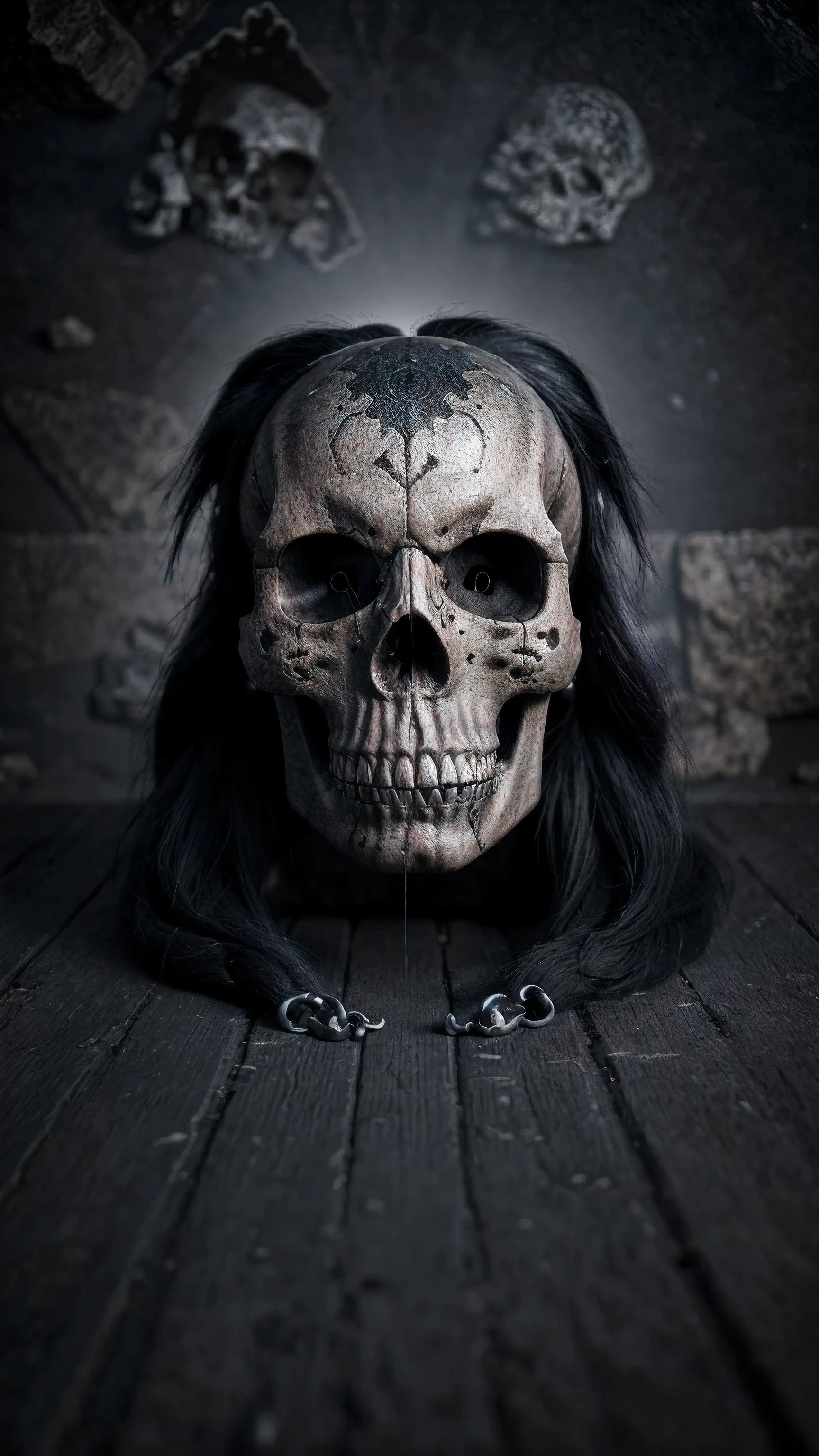 a skull head, darck, gothic, rock in roll, very high resolution, 8k,com elementos musicais