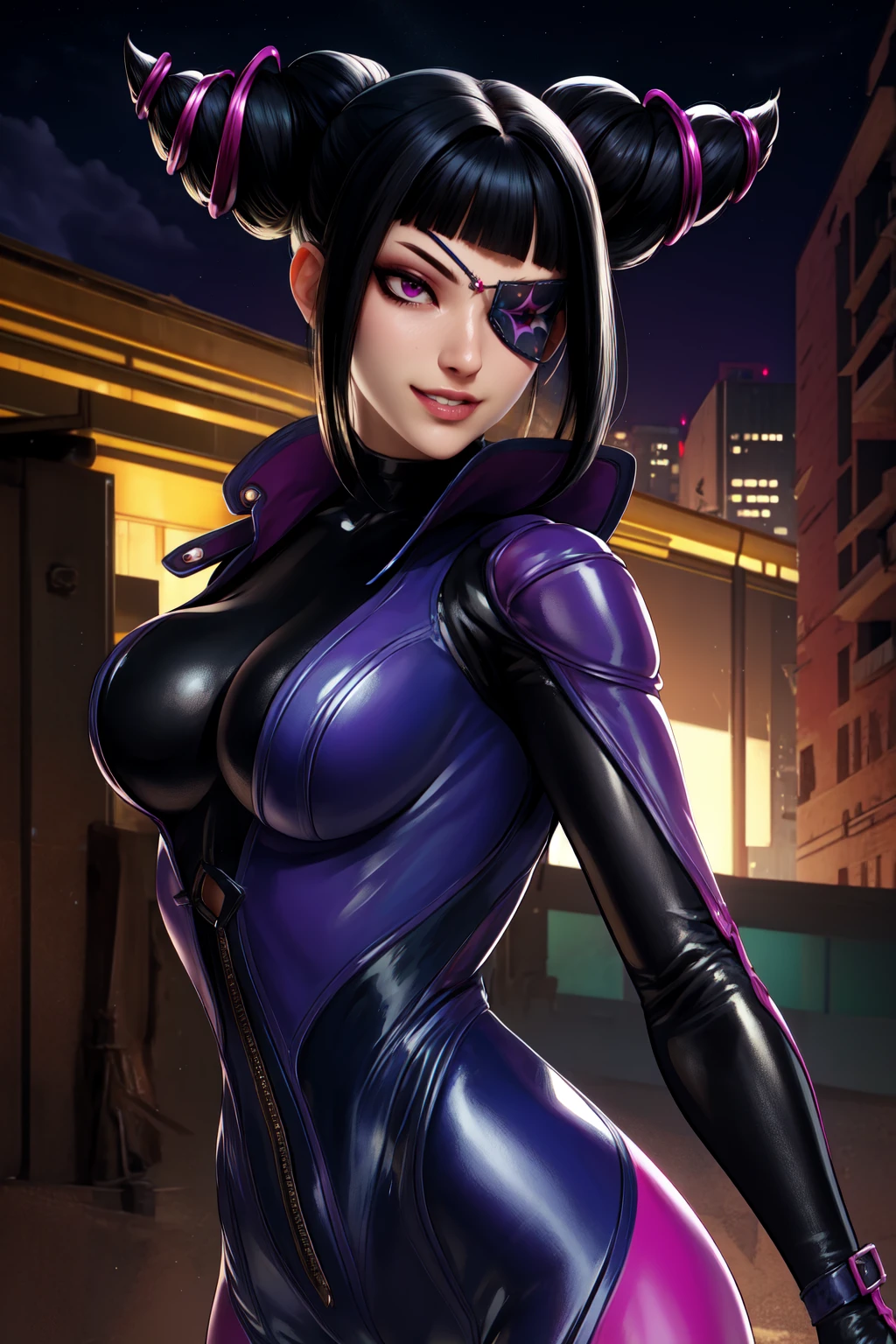 Juri , black hair,two-tone hair, hair horns, purple eyes, eyepatch,  
bodysuit, clothing cutout, 
standing, upper body, evil smile, 
night club,
(insanely detailed, beautiful detailed face,beautiful detailed eyes, masterpiece, best quality) , solo, dinamic poses, shinning eyes, walking, laying, sitiing, dinamic poses