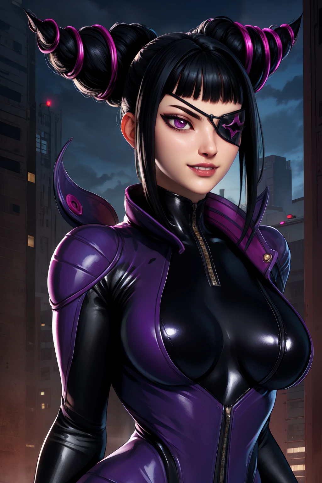 Juri , black hair,two-tone hair, hair horns, purple eyes, eyepatch,  
bodysuit, clothing cutout, 
standing, upper body, evil smile, 
night club,
(insanely detailed, beautiful detailed face,beautiful detailed eyes, masterpiece, best quality) , solo, dinamic poses, shinning eyes, walking, laying, sitiing, dinamic poses