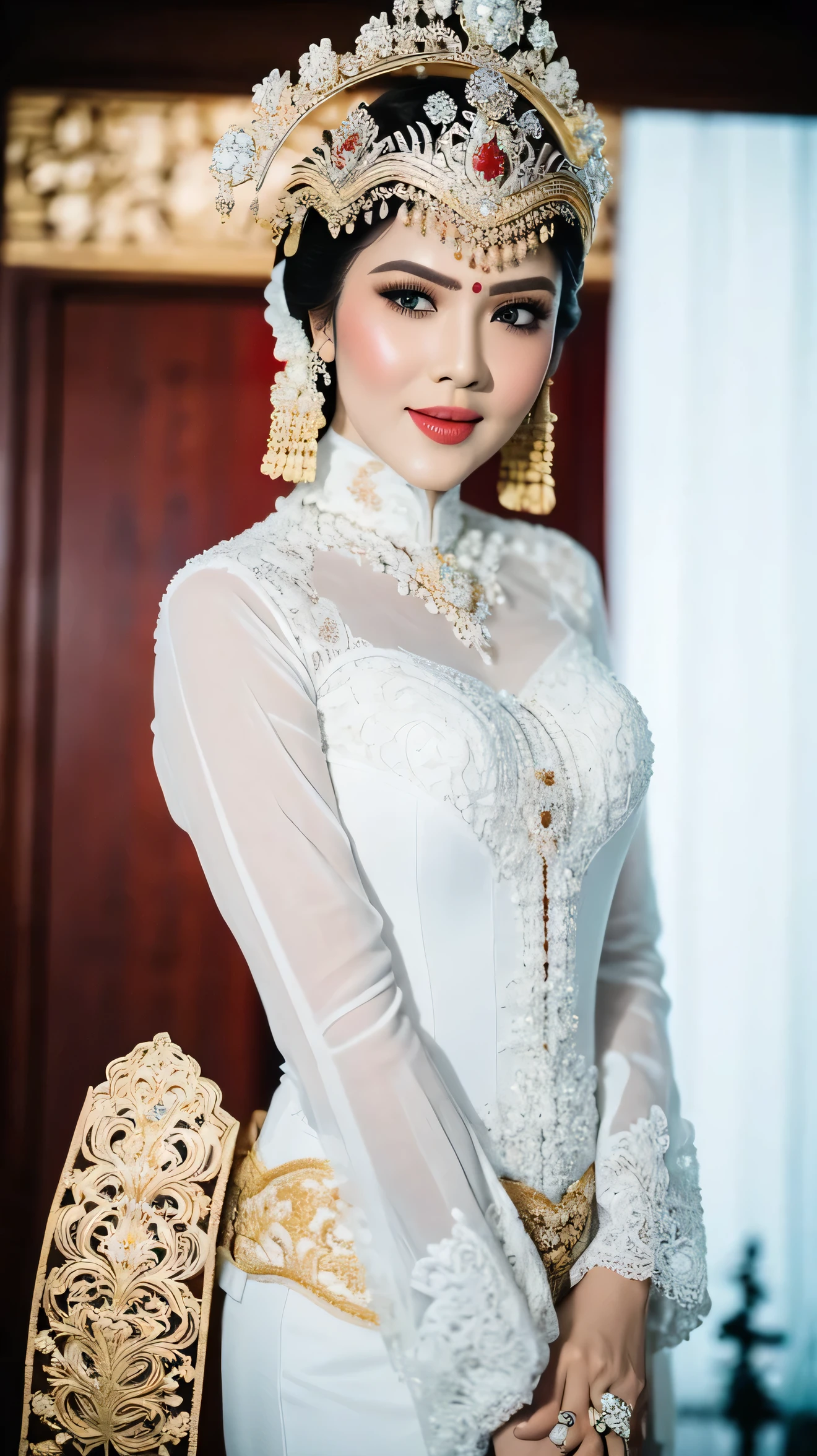 photography, beautiful Indonesian woman, white skinned, wearing a white Sundanese kebaya, wearing jewelry, flawless makeup, red lips, Sundanese traditional house background, blurred background, realistic, 8K, Focus