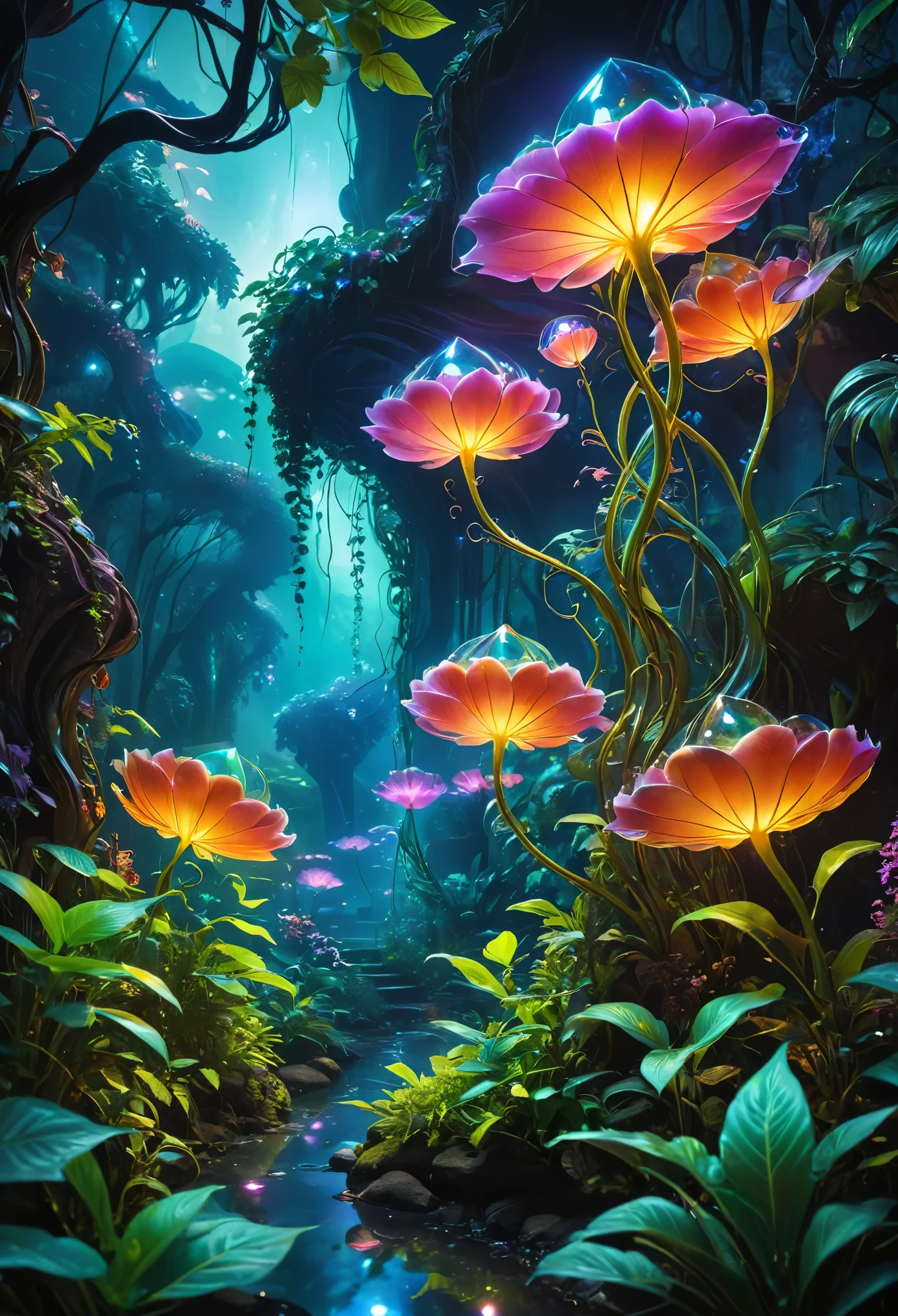 (best quality,4K,8K,high resolution,masterpiece:1.2),Super detailed,(actual,photoactual,photo-actual:1.37),bright colorful lights,bright colors,plant dream,Magical alien plants,Ethereal atmosphere,otherworldly,alien landscape,Alien vegetation,alien flora,unusual plant life,A strange display,Nourished by cosmic energy,Phosphorescence,glowing petals,Crystal leaves,bioluminescent tendrils,Surreal and energetic,rich saturation,organic shapes,Translucent flowers,Fantastic fantasy,charming surroundings,lush growth,rich foliage,Twisted vines,Glittering leaves,unusual texture,curved form,aromatic smell,otherworldly的美丽,mysterious temptation,mythological nature,magic garden,hidden sanctuary,peaceful tranquility,get along with nature.