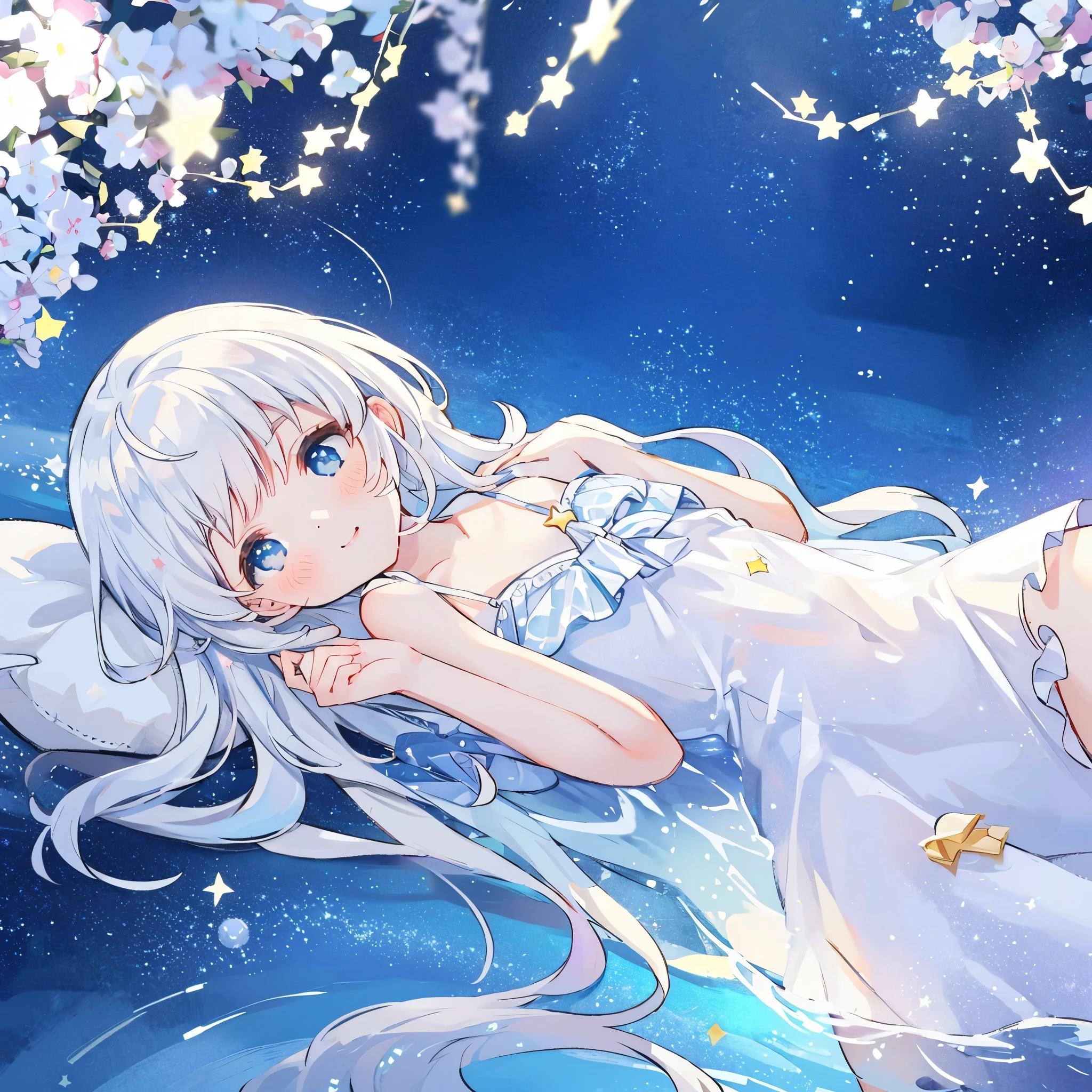 an ocean of stars, night sky, colorful, ethereal, charming girl in a white sheer babydoll dress, white hair, walking on the water, Her smile was filled with tenderness and joy, giant crescent white moon dipping into the water in the background, (((((((stars))))))