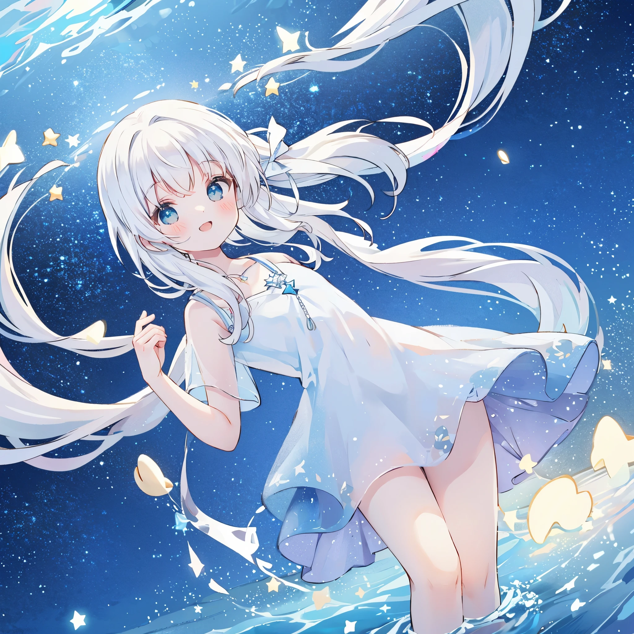 an ocean of stars, night sky, colorful, ethereal, charming girl in a white sheer babydoll dress, white hair, walking on the water, Her smile was filled with tenderness and joy, giant crescent white moon dipping into the water in the background, (((((((stars))))))