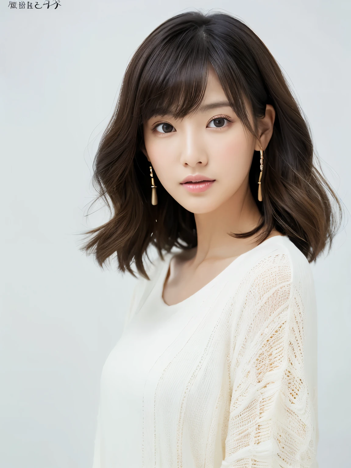 ((masterpiece,top-quality)), (photographrealistic:1.4),((masutepiece,8K)),hight resolution,Studio Soft Light, Rim Lights, vibrant detail, realistic skin textures,Japanese, 1 beautiful woman, medium black wave hair, faint thin bangs, make - up, 38 years old, Detailed skin, long-sleeve tunic blouse, wide-leg pants, Standing, White background, White Room,white walls, fully body photo, looking at viewer