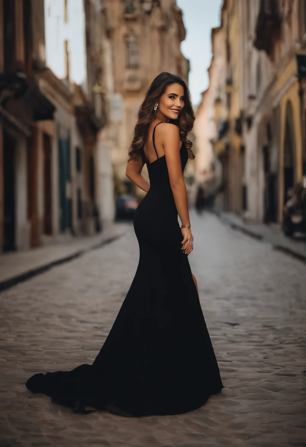 Mulher jovem linda, de vestido elegante, tipo modesta, salto alto, cabelos longos, cabelo preto, cabelo ondulado ao vento, without accessories, sorriso cativante, cena em frente a uma loja de roupas, foto realista,  hiperrealista 