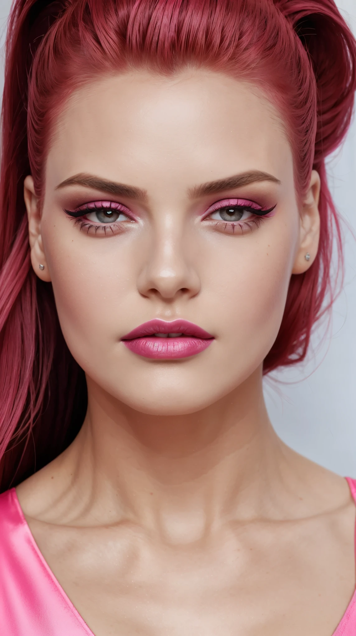 Pink make-up, pink lipstick, slicked back red hair, Detailed Face, Detailed Lips, Detailed Eyes,