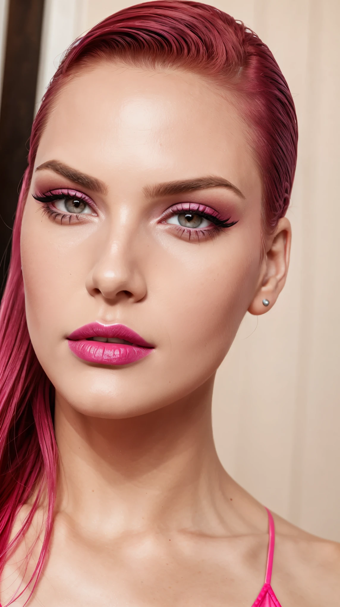 Pink make-up,  pink lipstick, slicked back red hair, Detailed Face, Detailed Lips, Detailed Eyes, 