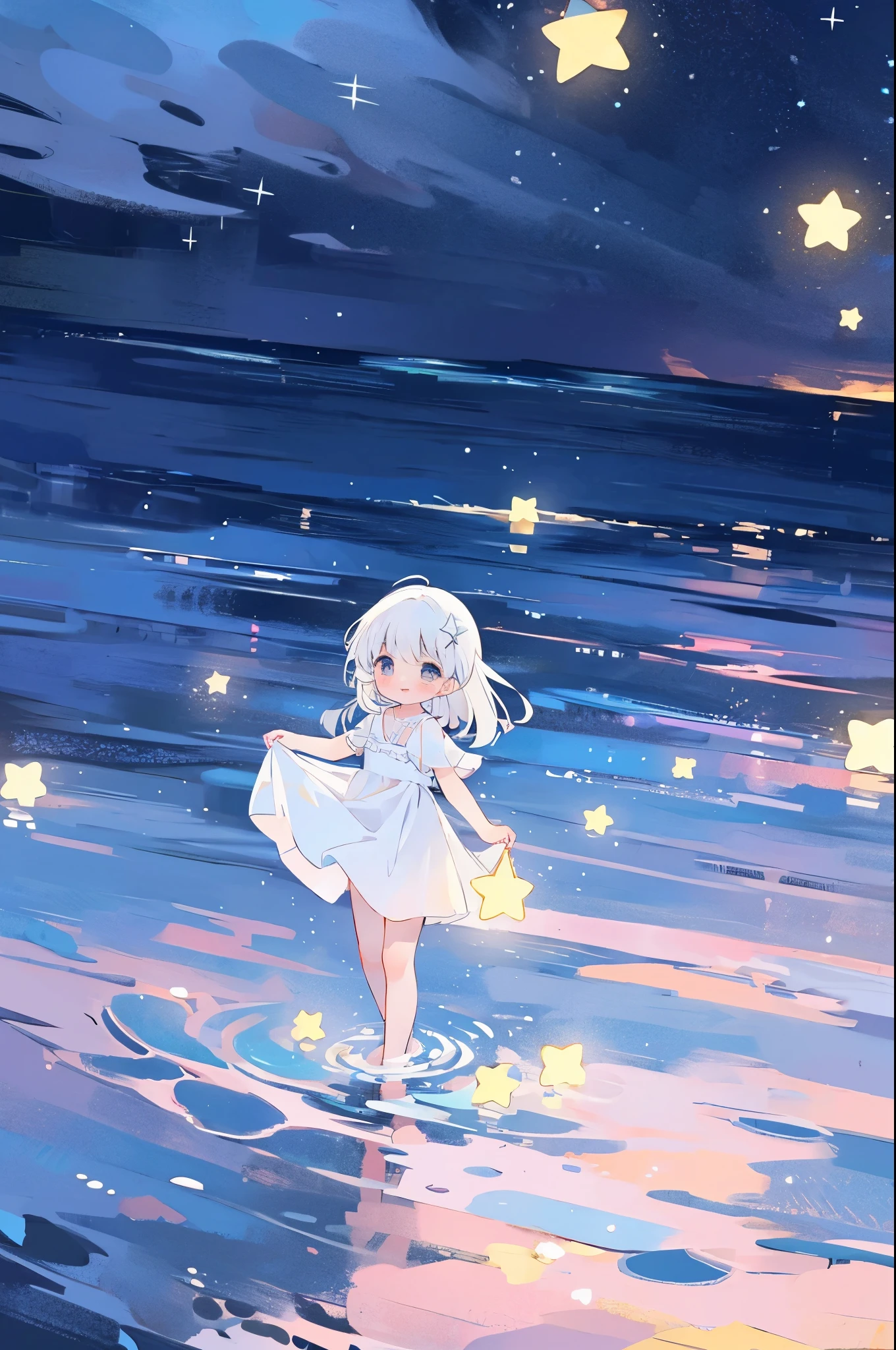an ocean of stars, night sky, colorful, ethereal, charming girl in a white tutu, white hair, walking on the water, Her smile was filled with tenderness and joy, huge crescent moon dipping into the water 