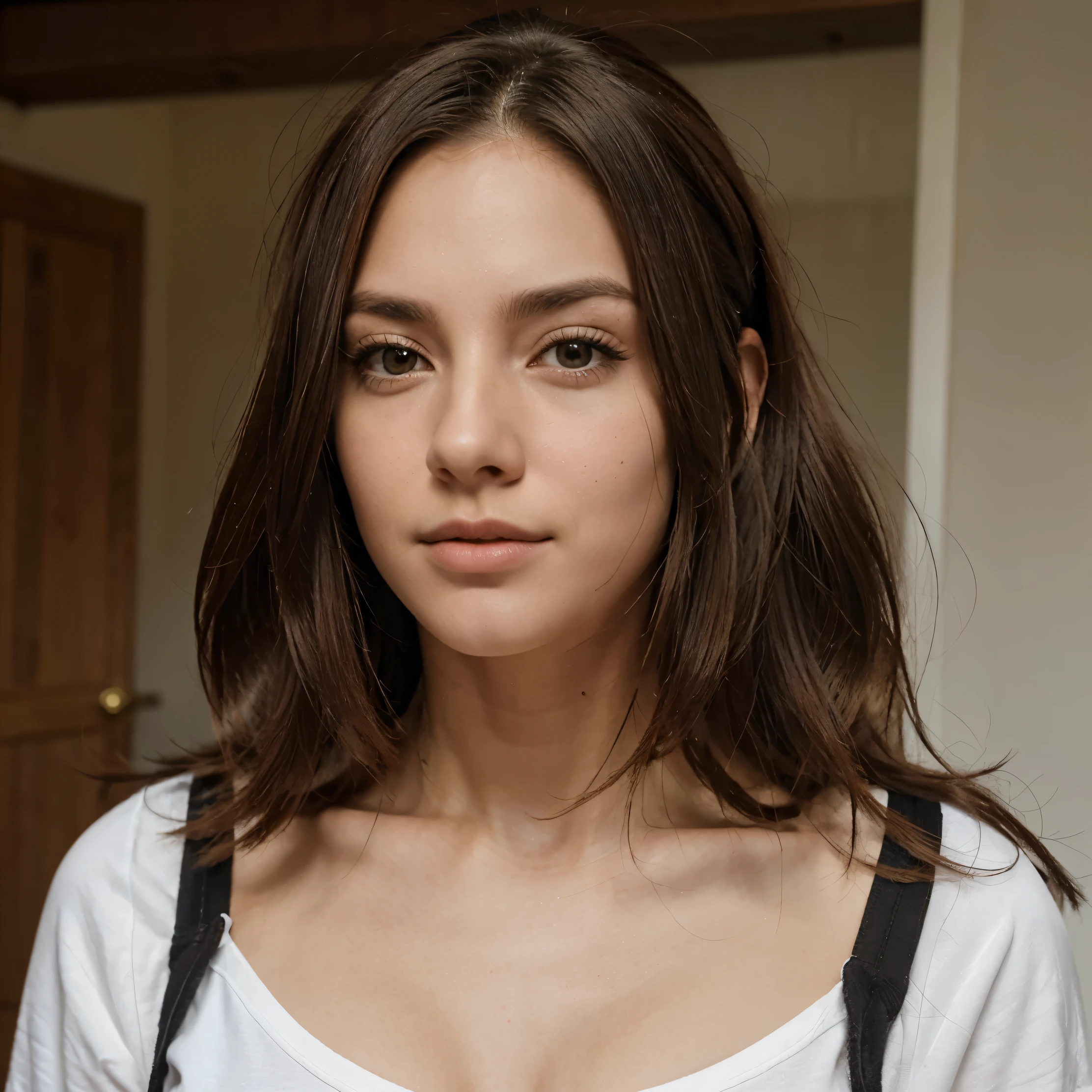 , 1,70 de altura, cabelo na cintura  com cachos delicados e castanho claro, rosto redondo, medium mouth