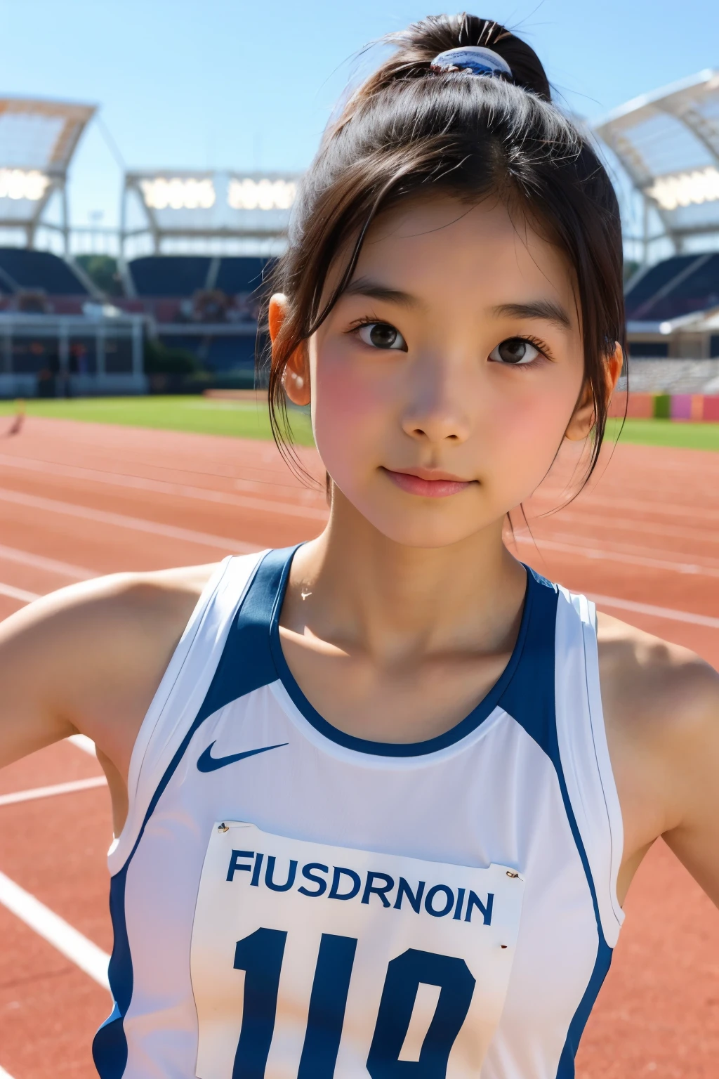 (Beautiful Japanese female track and field athlete), cute face, (deeply carved face:0.7), (freckles:0.6), soft light,healthy white skin, shy, bob, (serious face), (sparkling eyes), athletics stadium, athlete, thin
