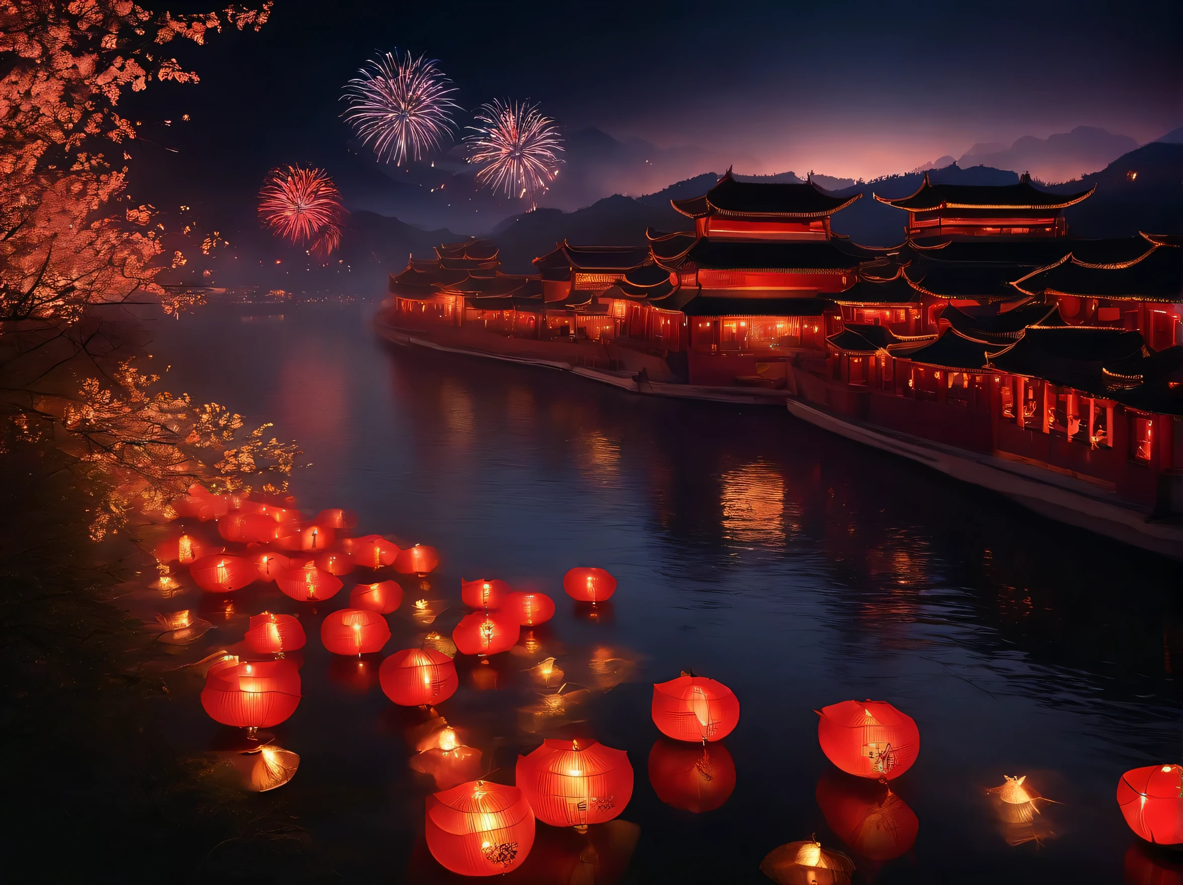 fireworks, river, ancient china, festival night, water lanterns floating on river surface