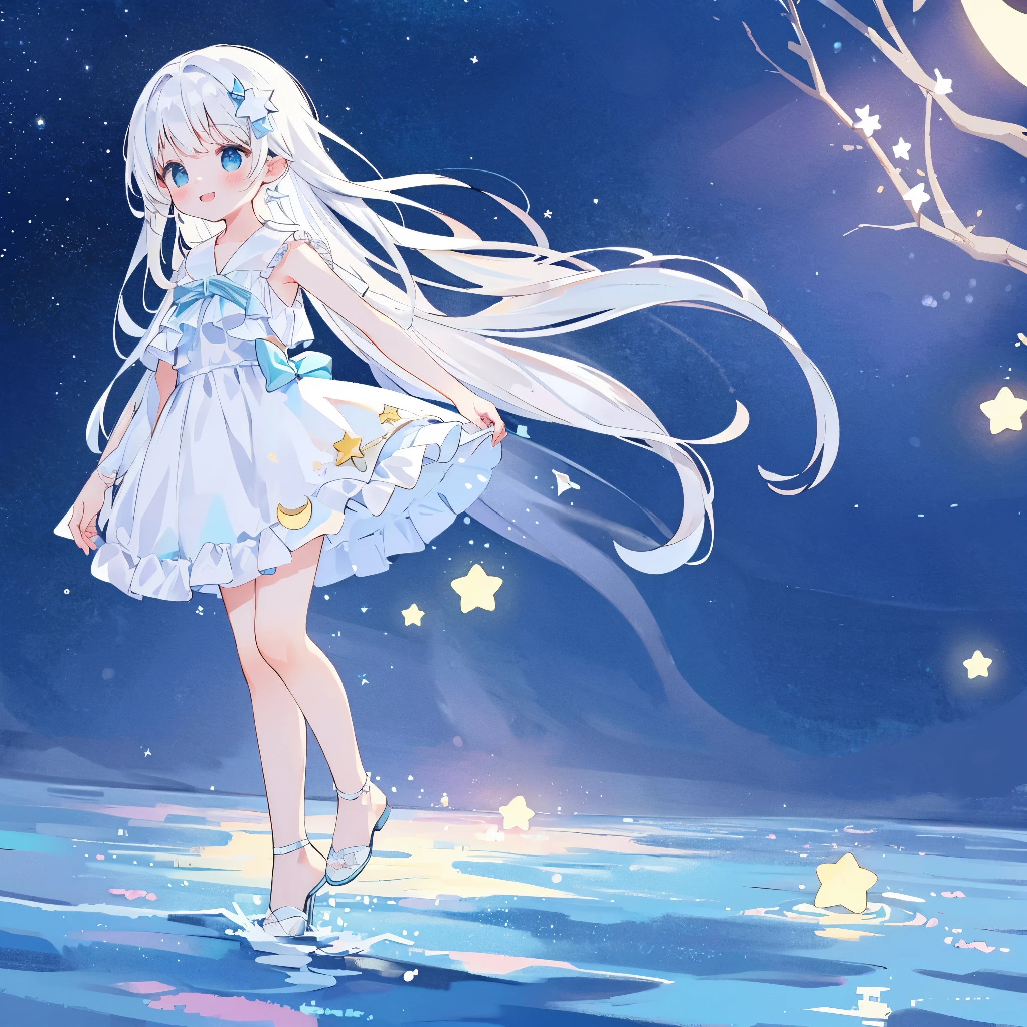 an ocean of stars, night sky, colorful, ethereal, charming girl in a white tutu, white hair, walking on the water, Her smile was filled with tenderness and joy, giant crescent white moon dipping into the water in the background, magical, whimsical, dreamscape, dreamy, fantasia, fantasy