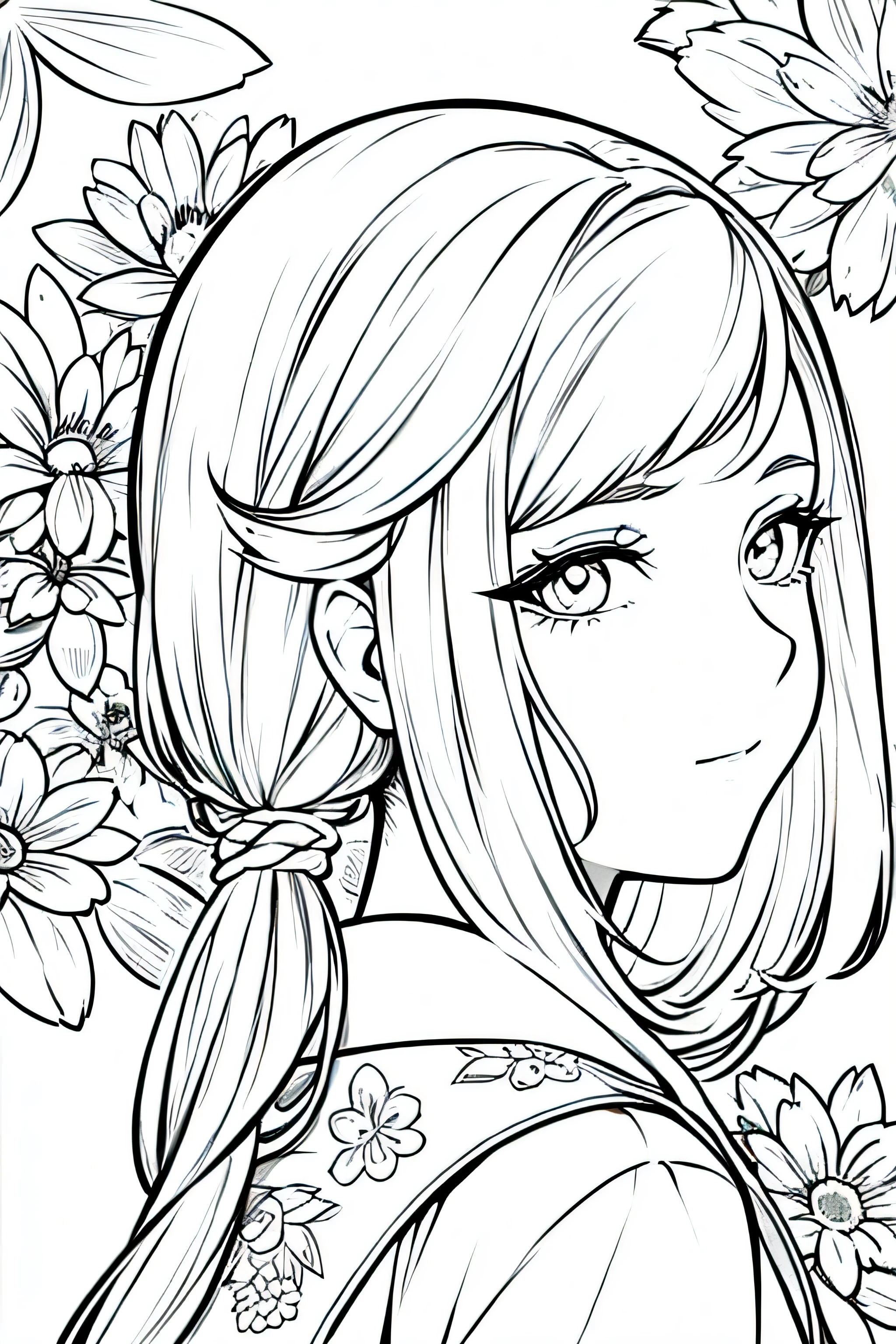best quality, high resolution, detailed background, high contrast, 1 girl, close-up of the head, floral background, clean line drawings, vibrant colors