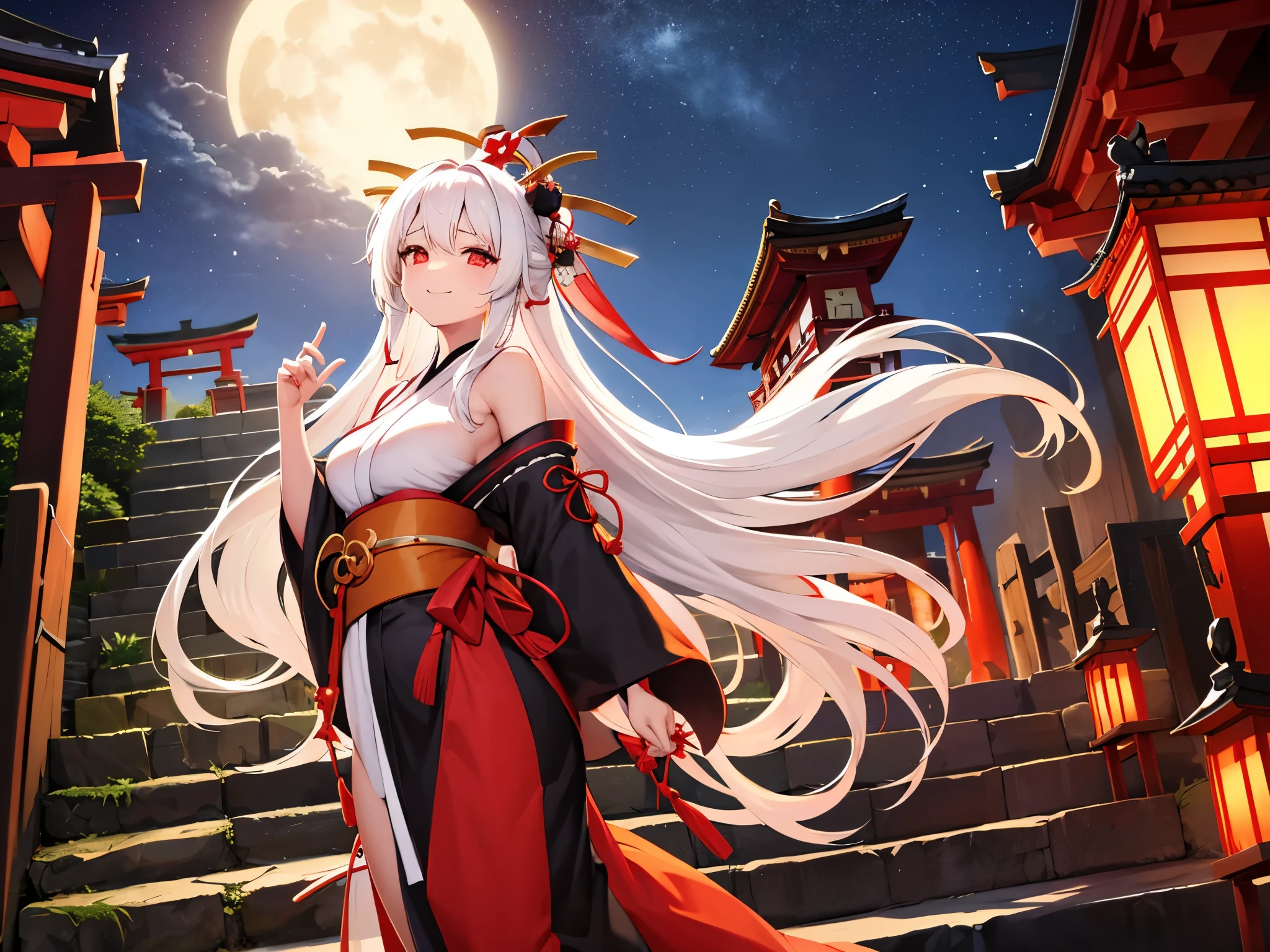 cute girl 

long hair 

(white hair)

natural smile　

C cup breasts 

A depressed kimono 

(wearing a black and yellow kimono) 

shrine 

red torii 

long stone stairs 

red crescent moon 

Lanterns along the stairs 

night sky 

pale meteor shower 

A cute red ribbon on the head 

Japanese 
