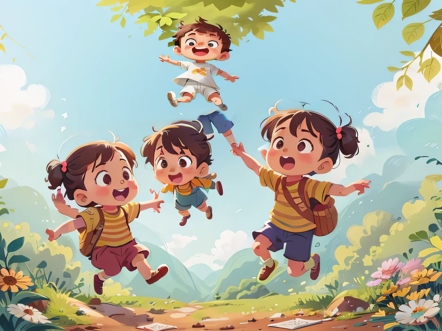 Cartoon illustration of three children jumping in the air in the moutain vietnam, childrens art in artstation, children illustration, A beautiful artwork illustration, Cartoon style illustration, children's book illustrations, children's book illustrations, KIDS ILLUSTRATION, Official illustration, lovely art style, Game illustration, Mobile game art, Official artwork, Cute detailed digital art, children's book illustrations, Children's illustration
