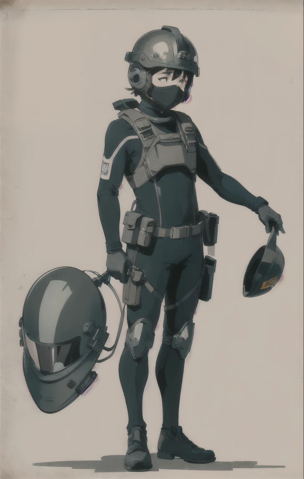  (ultra detailed,ultra high res,detailed background),((2D)),((flat color)),((muted color)), 1solo, looking at viewer, wearing a wetsuit, (helmet with mask), utility belt, full body image, square helmet