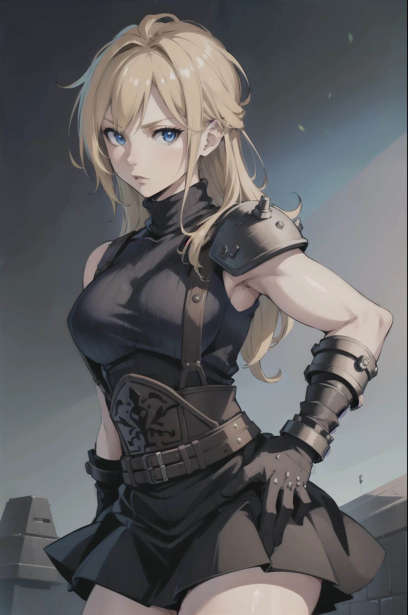 (masterpiece, best quality:1.2), expressive eyes, perfect face, highres, 1 girl, solo, (female:1.5), strife, blonde hair, shoulder armor, sleeveless turtleneck, suspenders, belt, gloves, bracer, standing, portrait, looking at viewer,