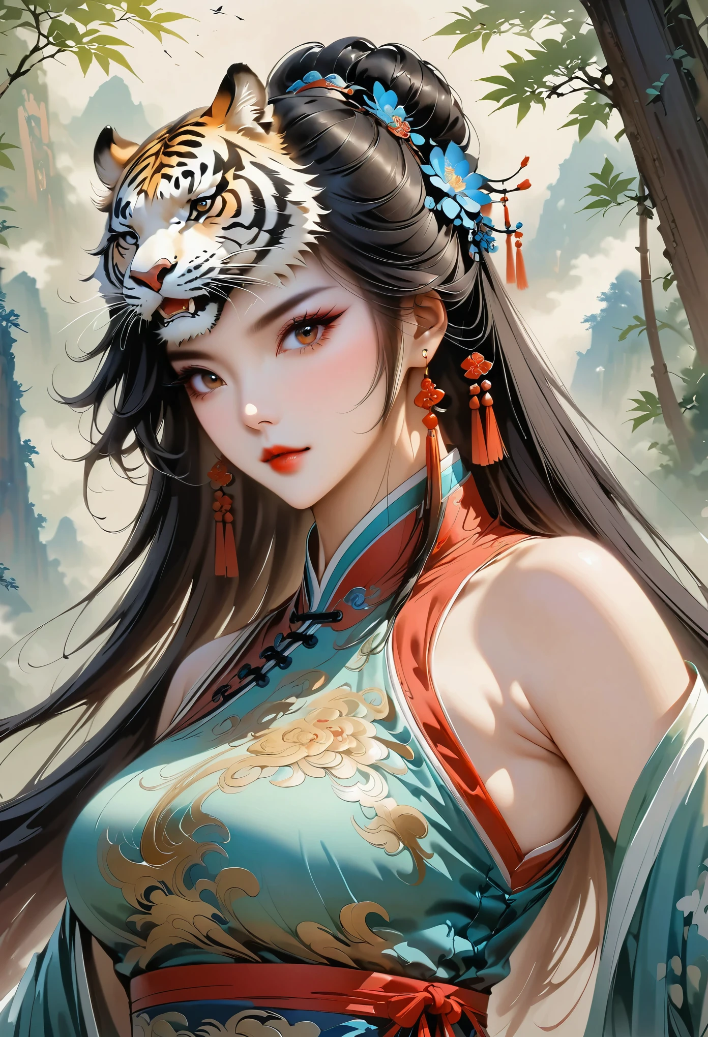 masterpiece, top quality, 最好of质量, (Beauty and Aesthetics: 1.3), Extreme details, (fractal art: 1.3), Extreme details, (fractal art: 1.3), 丰富多彩of, forest, Cartoon big tiger, Chinese style, of and 1 Girl, cheongsam Girl Media, cheongsam, of, 细致of眼睛, 详细of手指