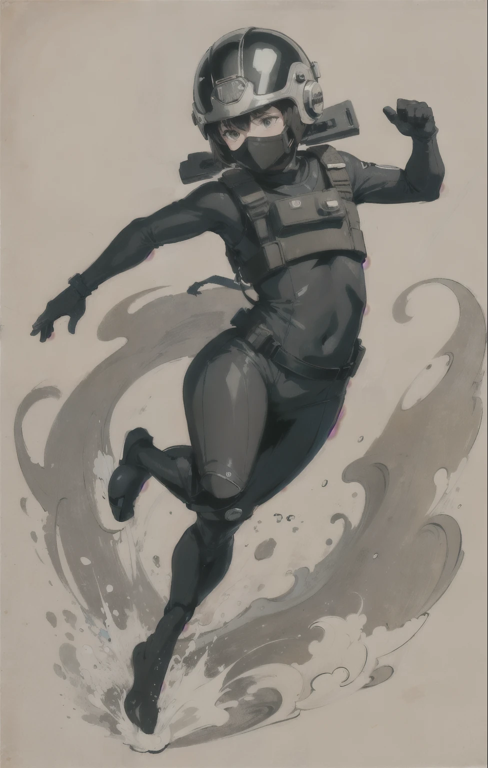 (ultra detailed,ultra high res,detailed background),((2D)),((flat color)),((muted color)), 1solo, looking at viewer, wearing a wetsuit, (helmet with mask), utility belt, full body image, square helmet