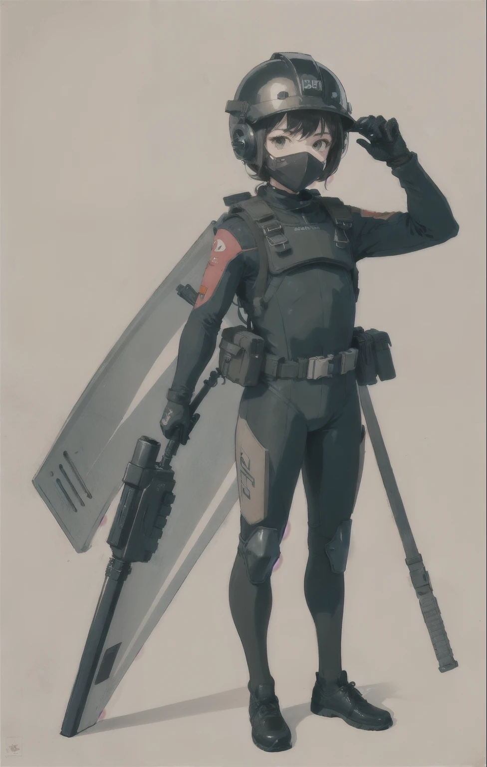  (ultra detailed,ultra high res,detailed background),((2D)),((flat color)),((muted color)), 1solo, looking at viewer, wearing a wetsuit, (helmet with mask), utility belt, full body image, square helmet