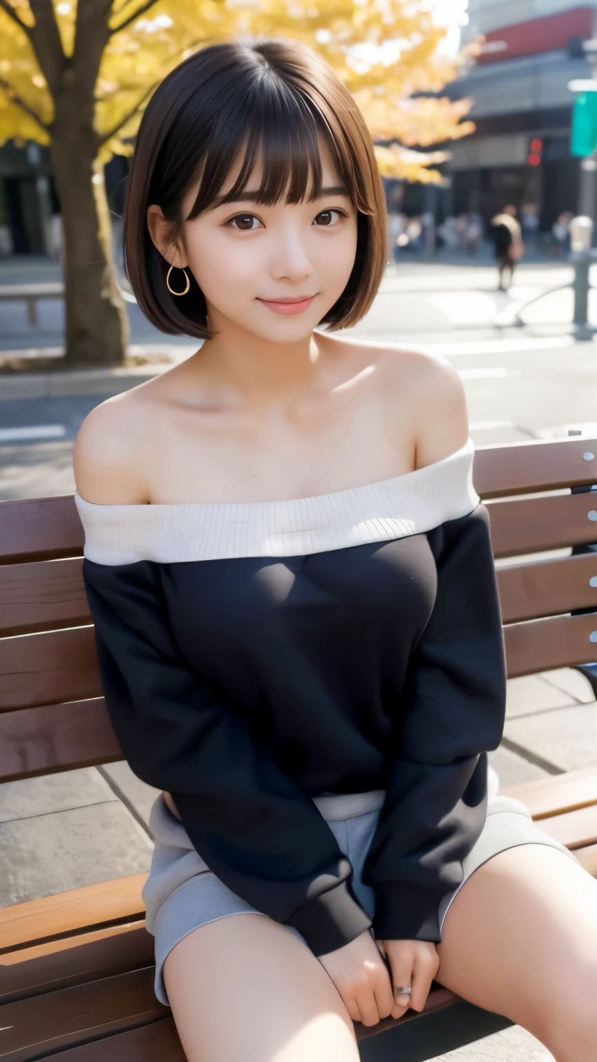 Masterpiece, Best-quality, RAW-photo, Ultra-High-Resolution, Photorealistic, very delicate human skin,
(Anatomically correct, -yeld, Restic Japanese girl, photographer's lover, She truly loves photographer, baby face,e, short height, thin waist, big breasts, Slender legs, Large breast, Realistic skin),
((teat, border off shoulder sweatshirt, shorts:1.3)),
(maiko, Round face, Black hair, Black eyes, Moist eyes, Shining eyes, Short bob cut, Bangs, Down-slating eyebrows, one little earring, Light blush),
(See photographer, look at viewer, sit on a park bench, legs apart, spread legs:1.3),
(Elegant goddess smile, seduce men),
(Tokyo, Shinbashi, very lively Japanese station square),
Natural lighting, full length