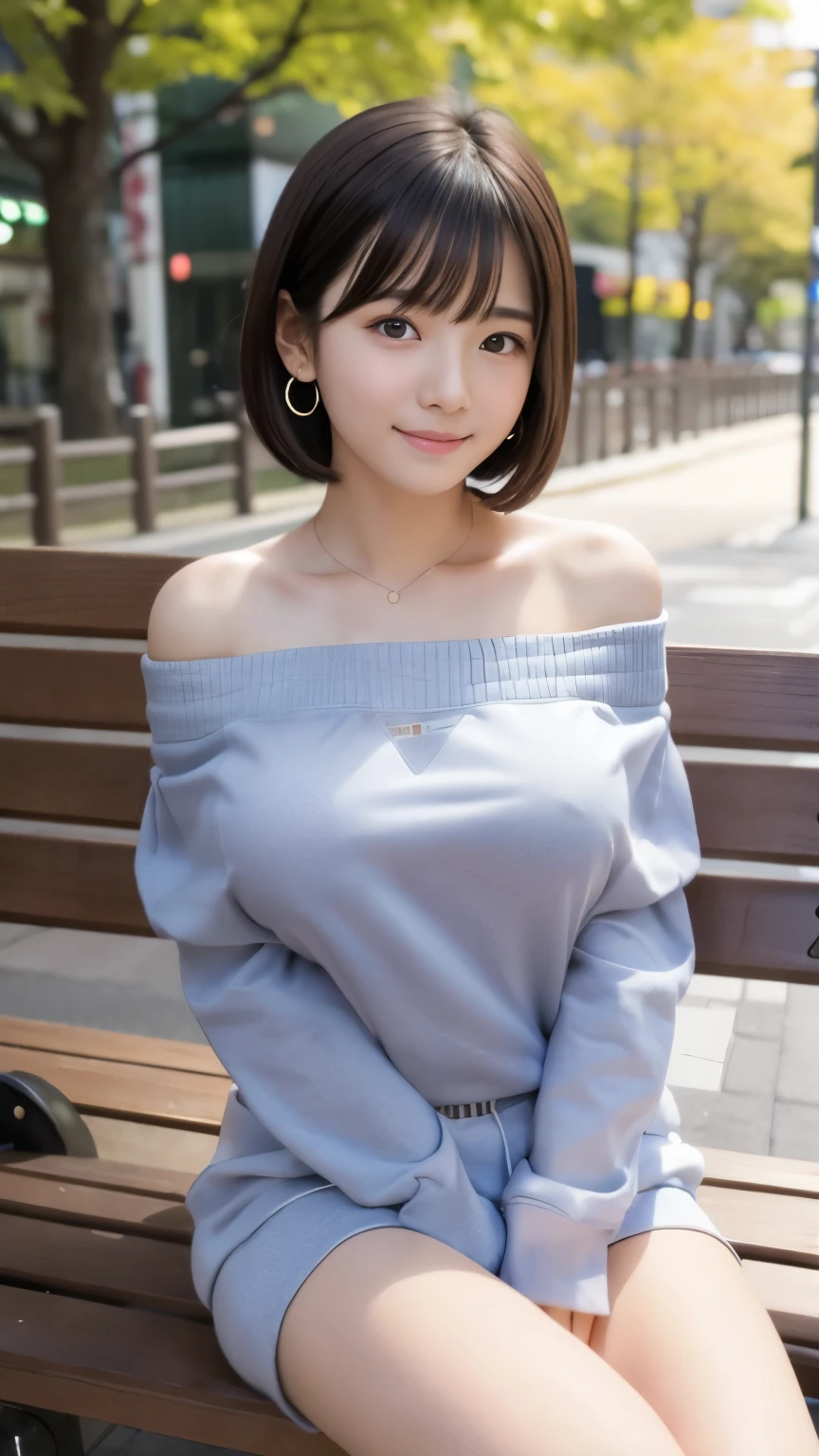 Masterpiece, Best-quality, RAW-photo, Ultra-High-Resolution, Photorealistic, very delicate human skin,
(Anatomically correct, -yeld, Restic Japanese girl, photographer's lover, She truly loves photographer, baby face,e, short height, thin waist, big breasts, Slender legs, Large breast, Realistic skin),
((teat, border off shoulder sweatshirt, shorts:1.3)),
(maiko, Round face, Black hair, Black eyes, Moist eyes, Shining eyes, Short bob cut, Bangs, Down-slating eyebrows, one little earring, Light blush),
(See photographer, look at viewer, sit on a park bench, legs apart, spread legs:1.3),
(Elegant goddess smile, seduce men),
(Tokyo, Shinbashi, very lively Japanese station square),
Natural lighting, full length