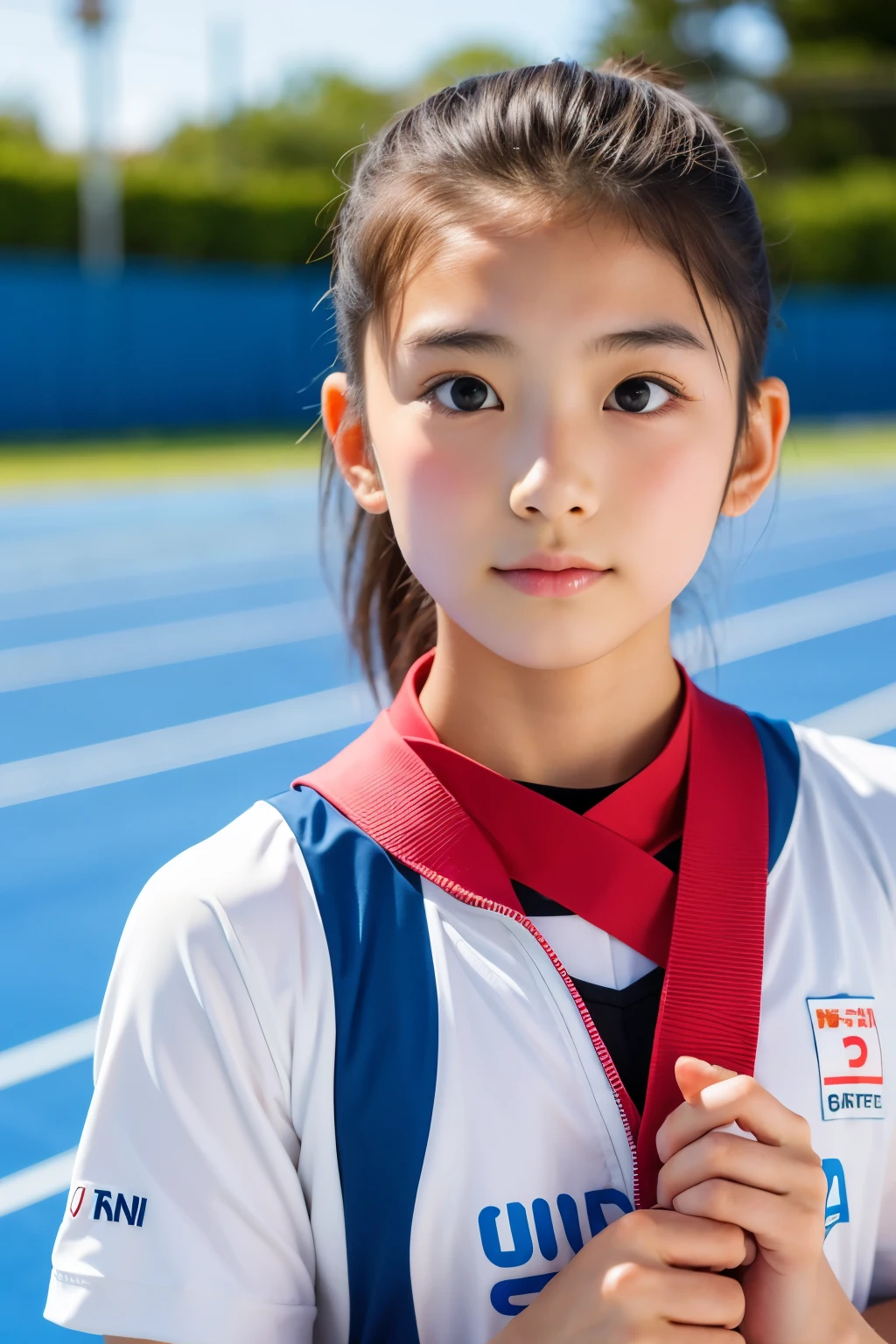 (Beautiful 13 year old Japanese female track and field athlete), cute face, (deeply carved face:0.7), (freckles:0.6), soft light,healthy white skin, shy, bob, (serious face), (sparkling eyes), athletics stadium, athlete, thin