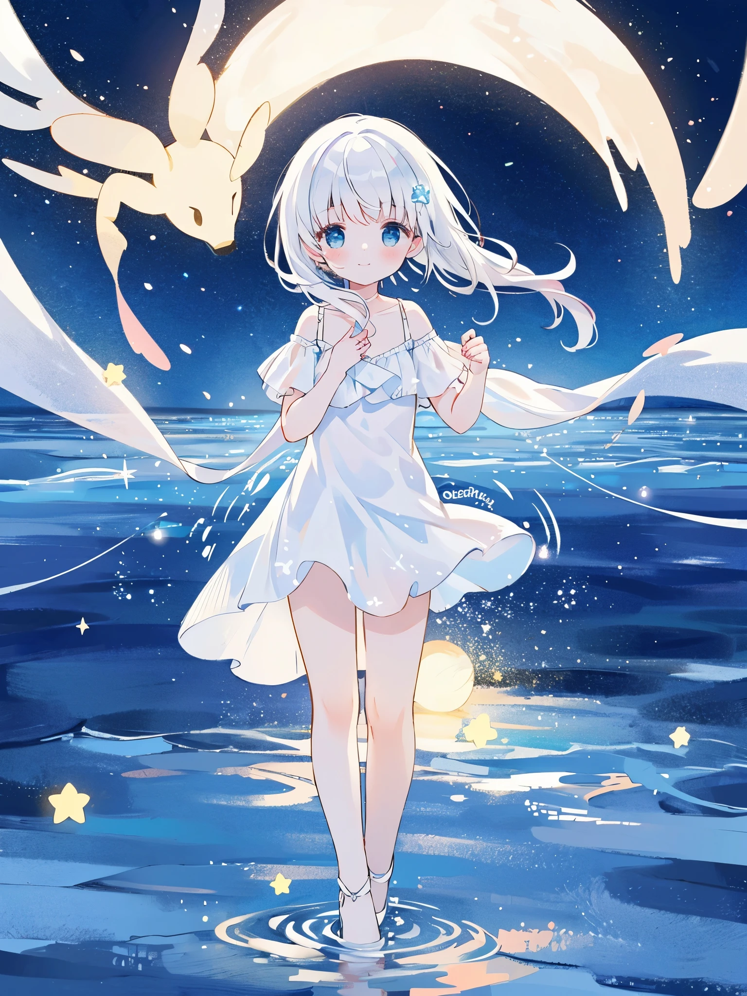 an ocean of stars, night sky, colorful, ethereal, charming girl in a white tutu, white hair, walking on the water, Her smile was filled with tenderness and joy, giant crescent white moon dipping into the water in the background, magical, whimsical, dreamscape, dreamy, fantasia, fantasy