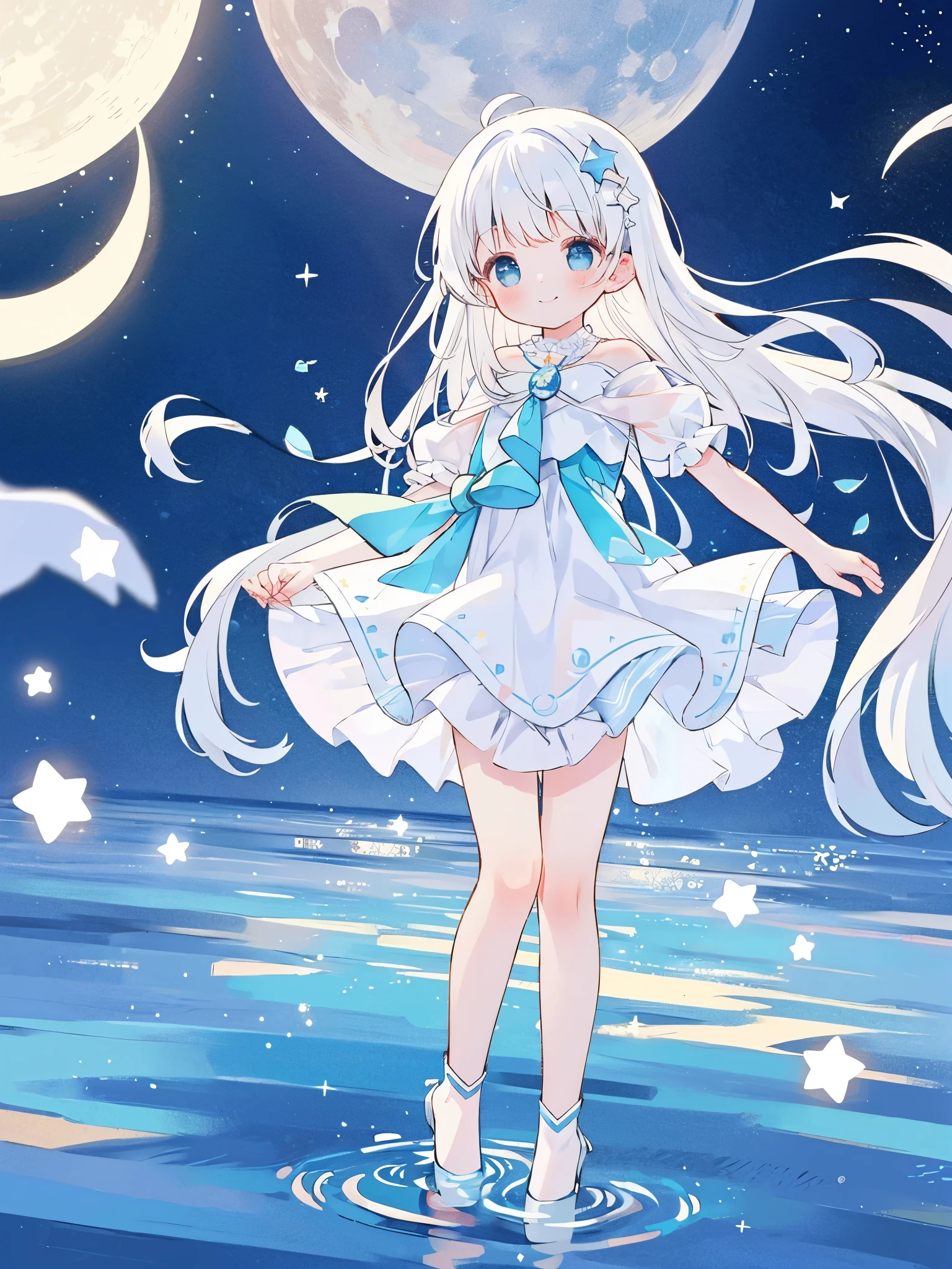 an ocean of stars, night sky, colorful, ethereal, charming girl in a white tutu, white hair, walking on the water, Her smile was filled with tenderness and joy, giant crescent white moon dipping into the water in the background, magical, whimsical, dreamscape, dreamy, fantasia, fantasy