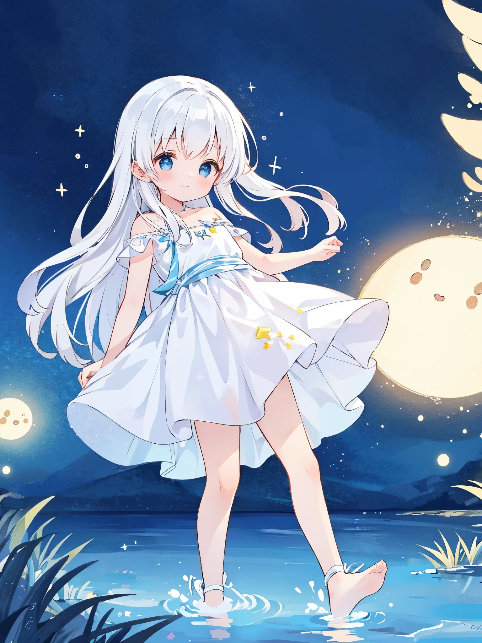 an ocean of stars, night sky, colorful, ethereal, charming girl in a white tutu, white hair, walking on the water, Her smile was filled with tenderness and joy, giant crescent white moon dipping into the water in the background, magical, whimsical, dreamscape, dreamy, fantasia, fantasy
