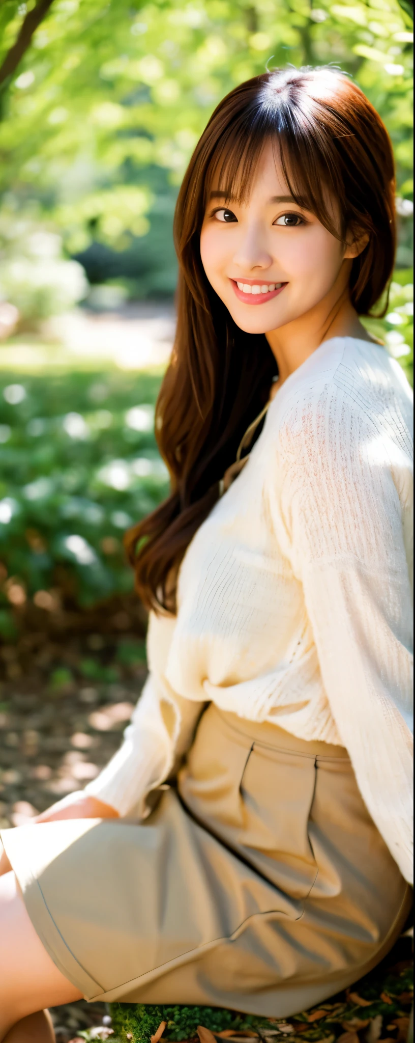 (realistic, photo-realistic:1.4), (extremely detailed 8k wallpaper), bokeh, detailed beautiful eyes and skin, (Image from thighs to head:1.3), (Japanese idol:1.3), 25yo, beautiful woman, smile, large breast, cute coordinate, long sleeve blouse, long skirt, Joyful, Natural sunlight filtering through trees,