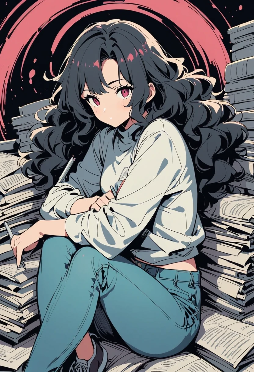 (Graphite painting), (A beautiful charming girl sits cross-legged on a mountain of old newspapers in the basement), (She is wearing a white crew neck shirt and jeans), young wild asian face, Slightly mixed face shape, (Slightly square chin: 0.4), Messy and too long, Hard curly hair, lazy, (perfect face), The slender eyes narrowed slightly, sports shoes, (Industrial lights on the roof emit a dim, weak red light: 1.34),
background: The basement is covered with many old newspapers and dilapidated walls, industrial style, retro shabby,
90s anime style, Bold silhouettes, Graphic arts, line art, black and white, line art with pen pressure, Pen pressure sketch, With pen pressure的书法笔, G pen style，With pen pressure, Hand drawn thick lines, high contrast, Most models,