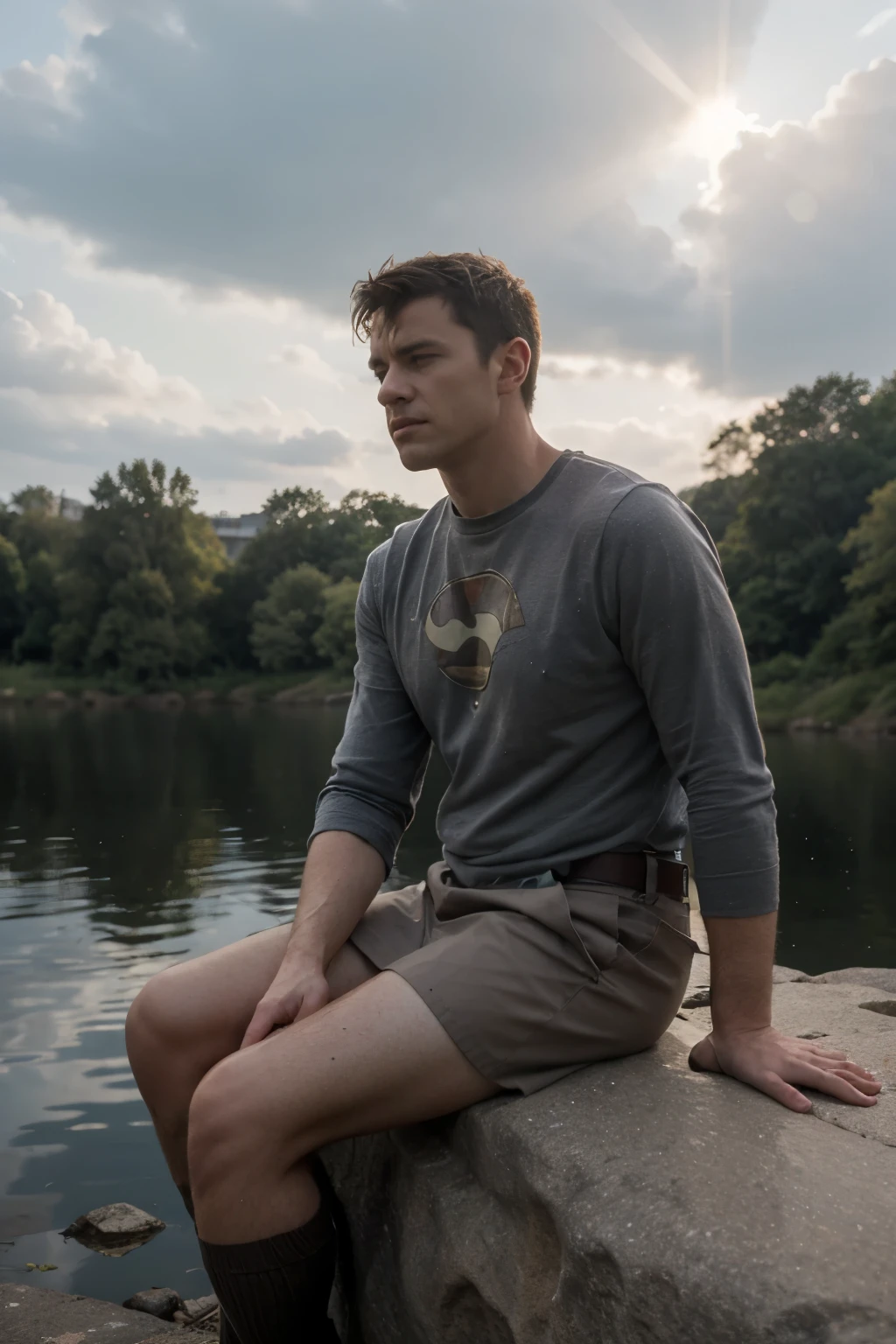 The certain character is sitting on a rock, facing a lake with tall, imposing buildings behind it in a city, is distressed and thoughtful. The beam of sunlight that falls on the lake almost takes away the gray color of the sky, brings to the character the hope of acting as a superhero, that will help you, is the cult of the scene.
