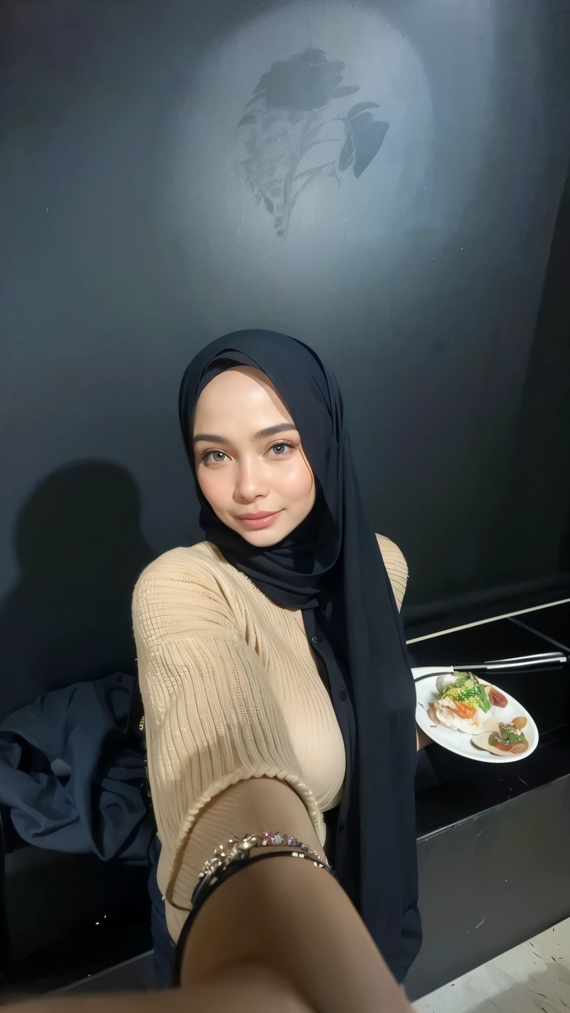 masterpiece, (ultra-high-definition portrait, vignet:1.4), Realistic, extremely detailed, CG unified, 8k, Clean lines, highly detailed, High-definition, raw color photos, she is smiling, Realistic portrait, Cinematic Light, Beautiful detailed, (1hijabgirl, indonesian:1.5), (165cm tall, big breasts with lips like she wants to kiss:1.5), Beautiful big breasts, breasts details, very tight, (Biggorgeous breast, Happy Face:1.5), (Happy Face, Big Breast:1.4), Close up of a girl in Beautiful clothes with errected nipple, biggorgeous breast, Soft smile, scarf, (Bombastic Side Eyes with curvaceous body:2), pose 4 of 1 6, Undress, No bra, (nipples that are clearly sticking out detail:1.2), Outdoors, high intricate detailed.