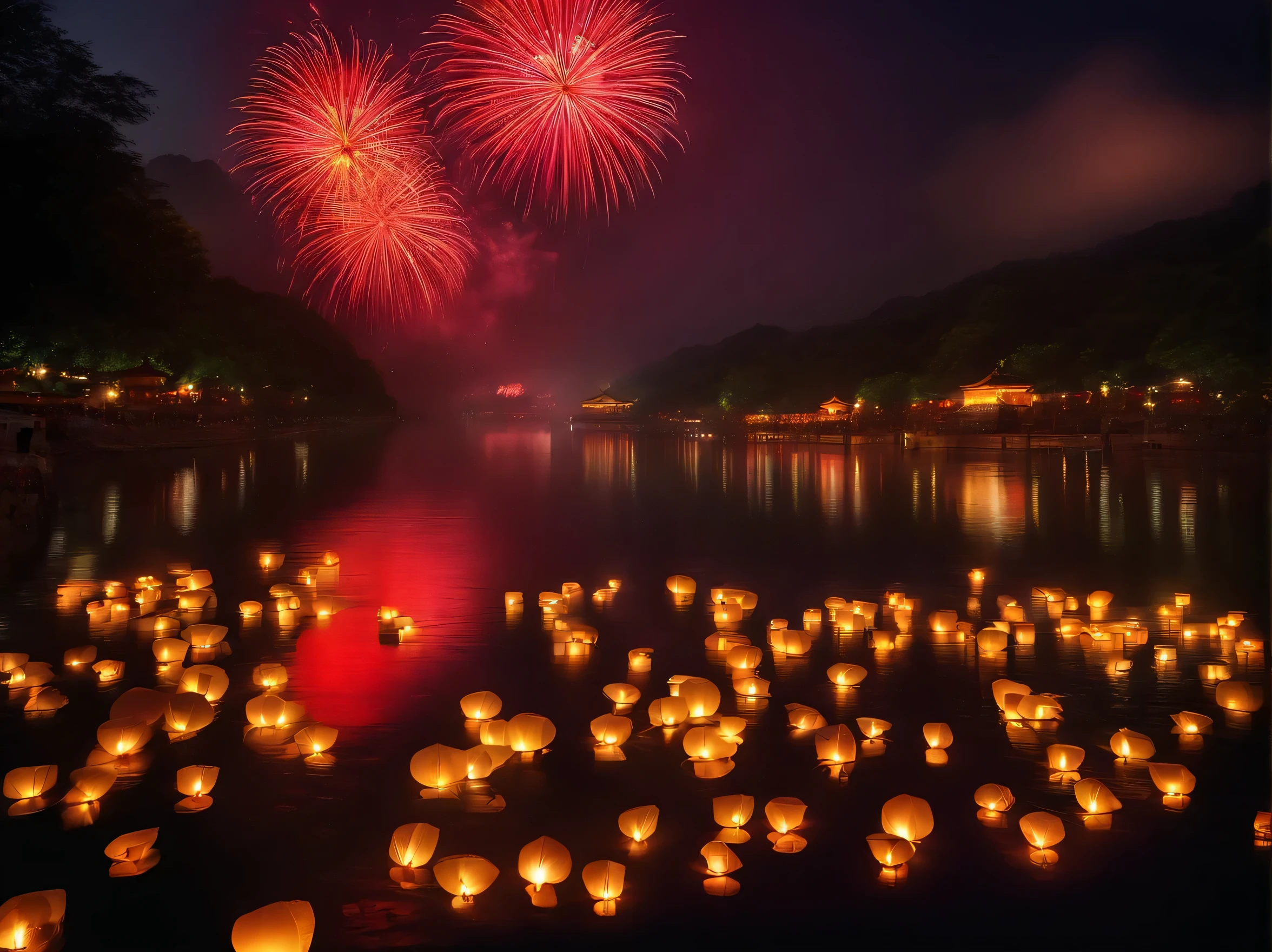 fireworks, river, ancient china, festival night, small water lanterns floating on river surface
