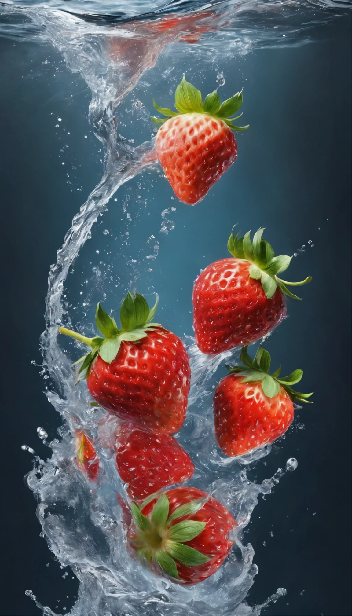 Cinematic RAW photos,Super real photos,Super real photos,digital SLR,soft light,Product photo of 5 strawberries falling into water、dripping water、Splashing clear liquid、splash,Dynamic Composer Master Section) (best quality) (detailed) (movie lighting) (sharp focus) (complex), main part, best quality, ultra high resolution, 8K Ultra HD