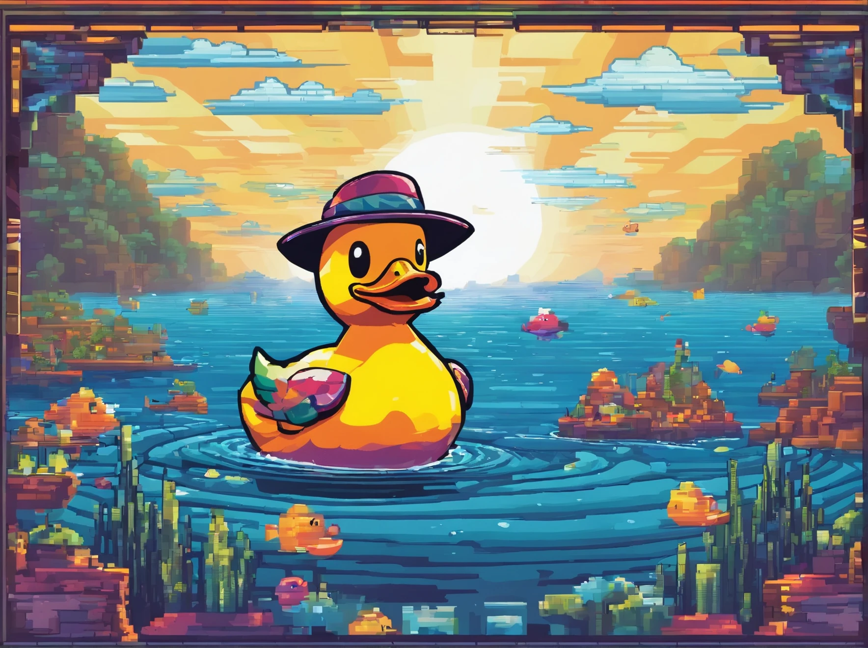 vintage 2.5d classic arcade retro poly videogame, Quacky the rubber duck wearing tophat floats on the surface of the pièce de résistance. a mesmerizing cascade of inverse inverted negative rainbow-hued water currents, creating an illusion of their eternal joyful quest for adventure. under the surface is a second rubber duck in a deep sea diver outfit prying open a chest for underwater treasure,

