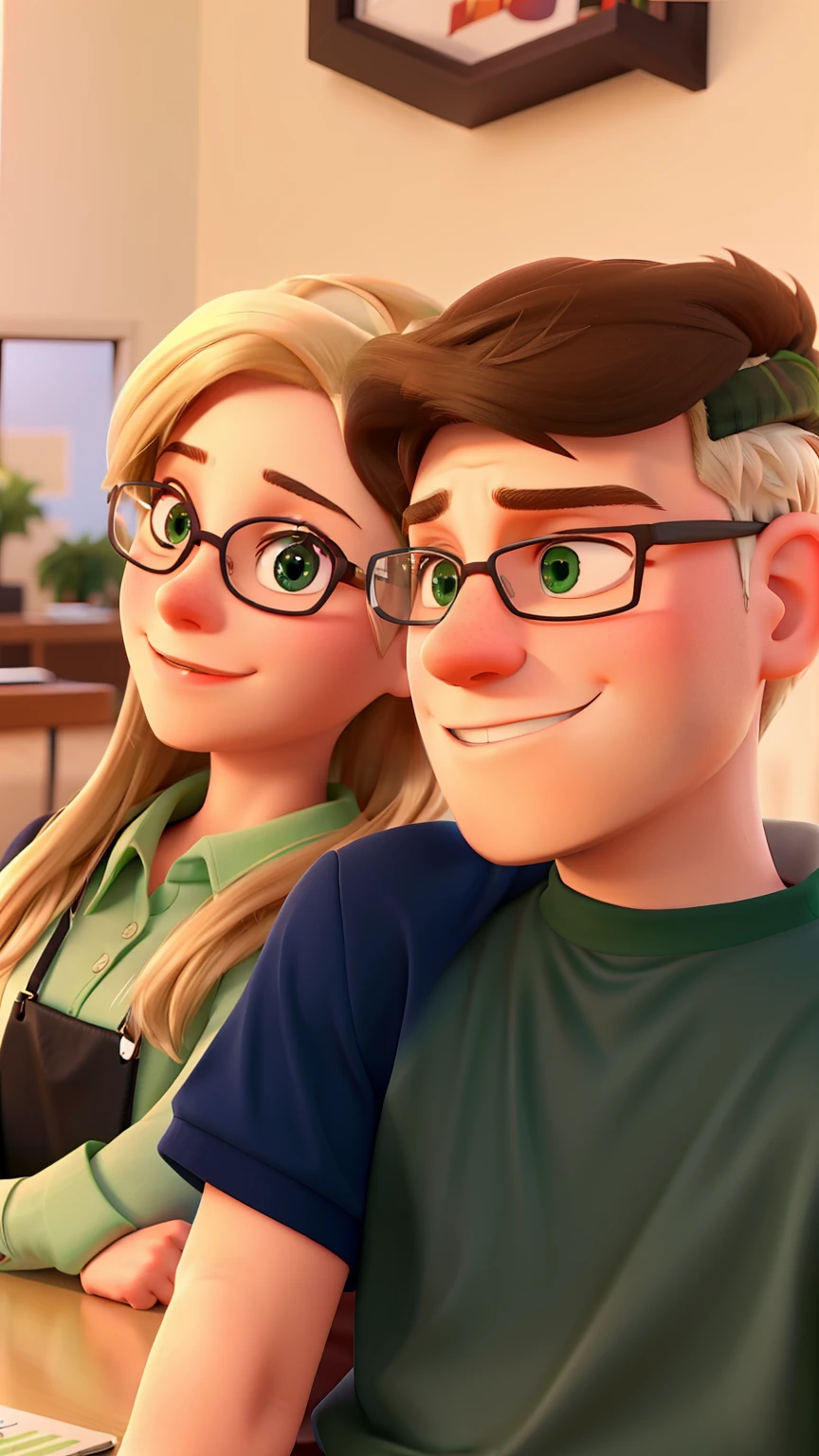 (A romantic couple of a blonde white girl wearing glasses and a white boy with cropped hair wearing a green shirt smiling) imagem em desenho animado em estilo pixar