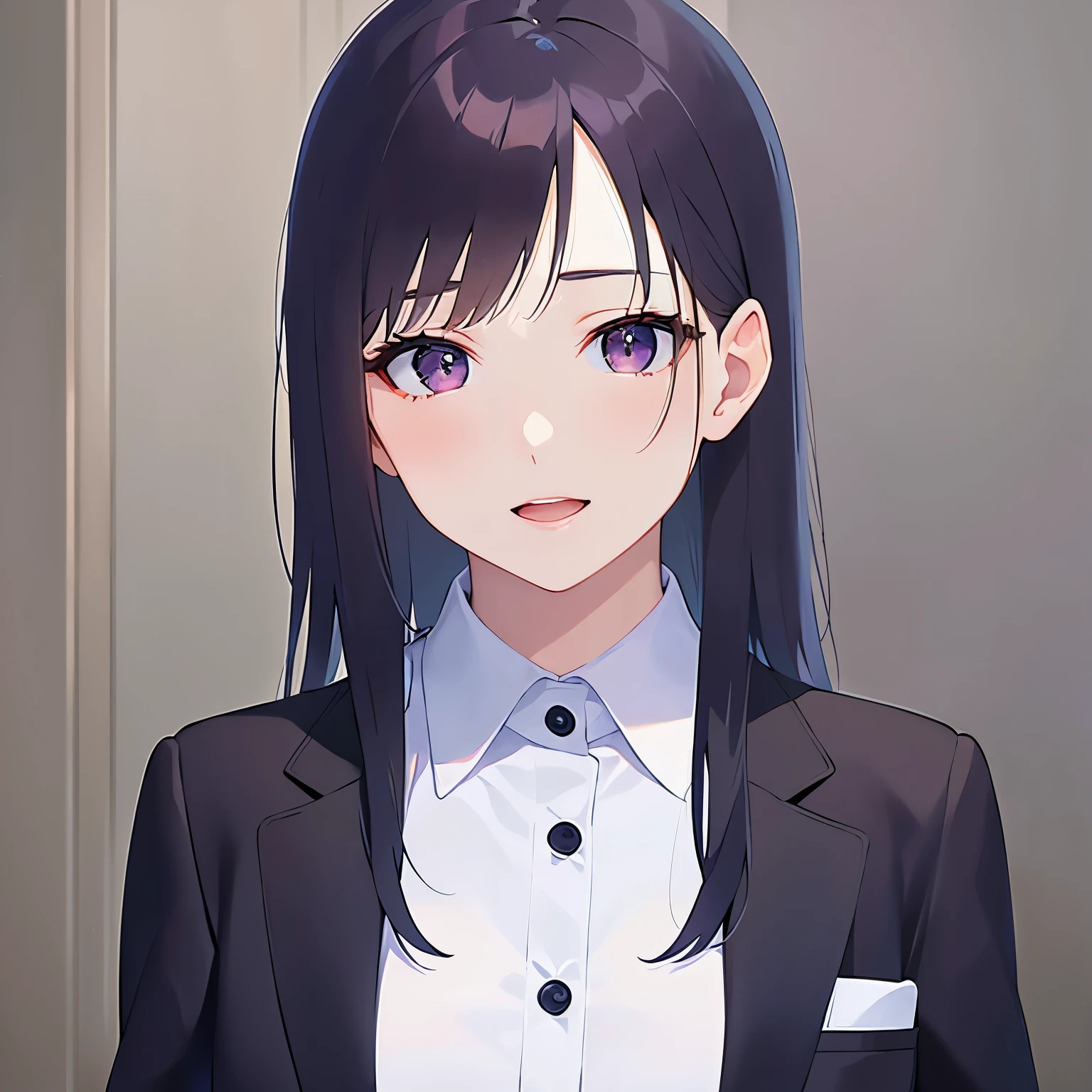 Pointing with finger、 Upper Body, Realistic, real person, (pale skin: 1.2), RAW photo, photorealistic, portrait photography, shiny skin, japanese idol、shiny hair、(25 year old woman with straight medium hair with bangs) and (black hair) and (purple eyes) , (business suit:1.2) and (white collared shirt) and (long sleeve) 、smile, open mouth, The background is a company conference room、Alone、Are standing