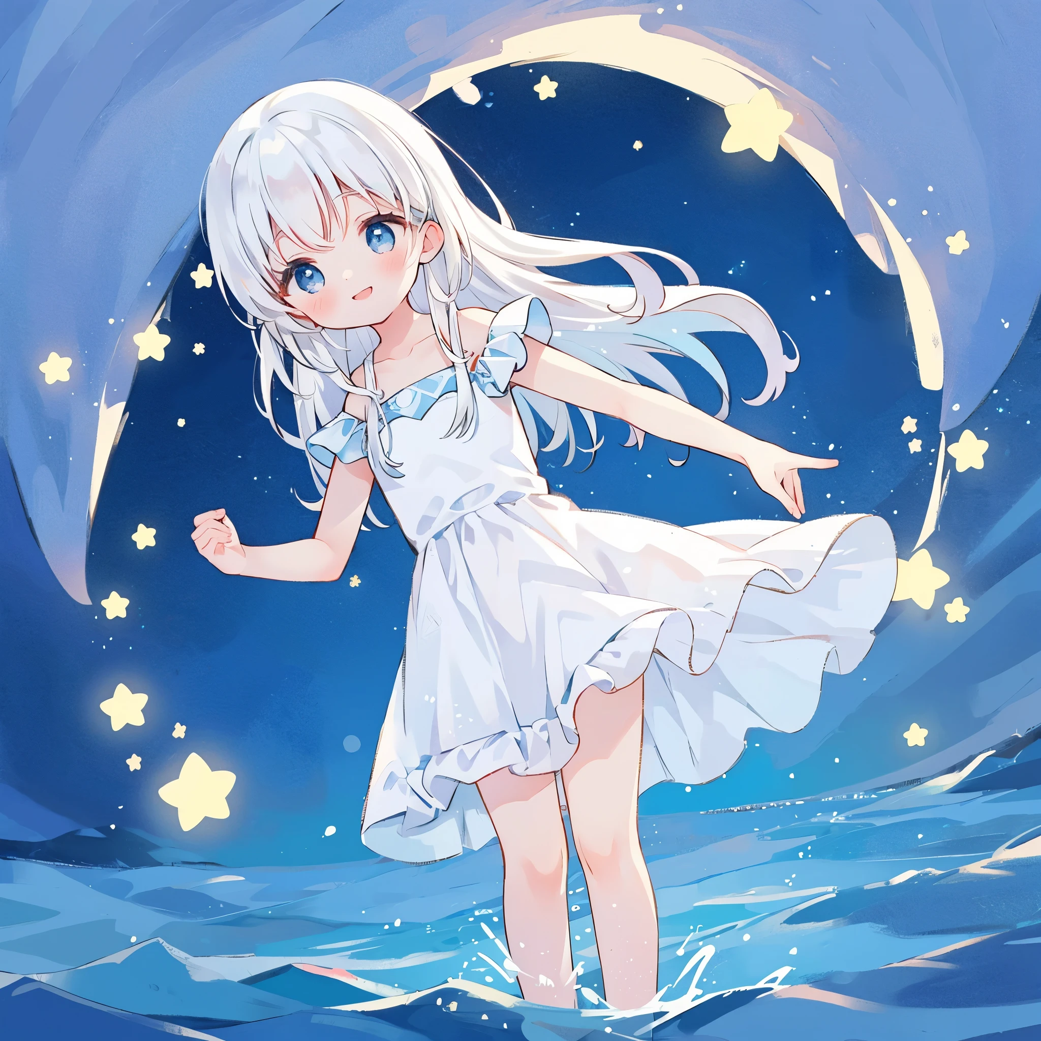 an ocean of stars, night sky, colorful, ethereal, charming girl in a white tutu, white hair, walking on the water, Her smile was filled with tenderness and joy, giant crescent white moon dipping into the water in the background, magical, whimsical, dreamscape, dreamy, fantasia, fantasy