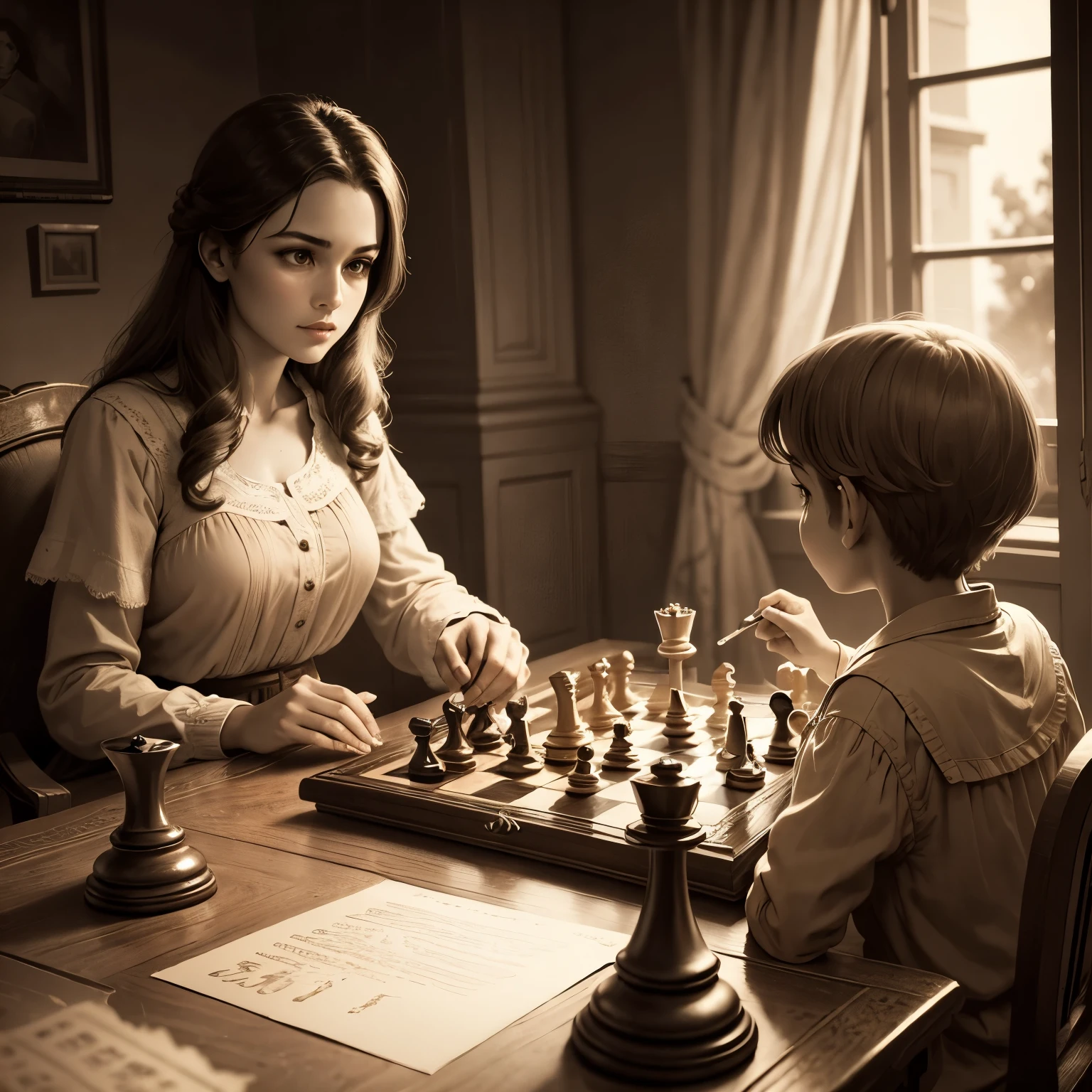 masterpiece, sepia-toned images, old memories, nostalgia, Retro games, chess