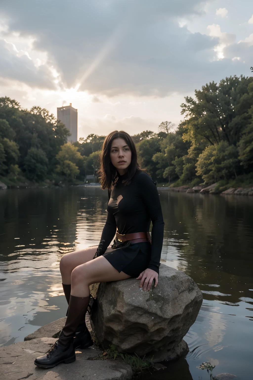 The certain character is sitting on a rock, facing a lake with tall, imposing buildings behind it in a city, is distressed and thoughtful. The beam of sunlight that falls on the lake almost takes away the gray color of the sky, brings to the character the hope of acting as a superhero, that will help you, is the cult of the scene.