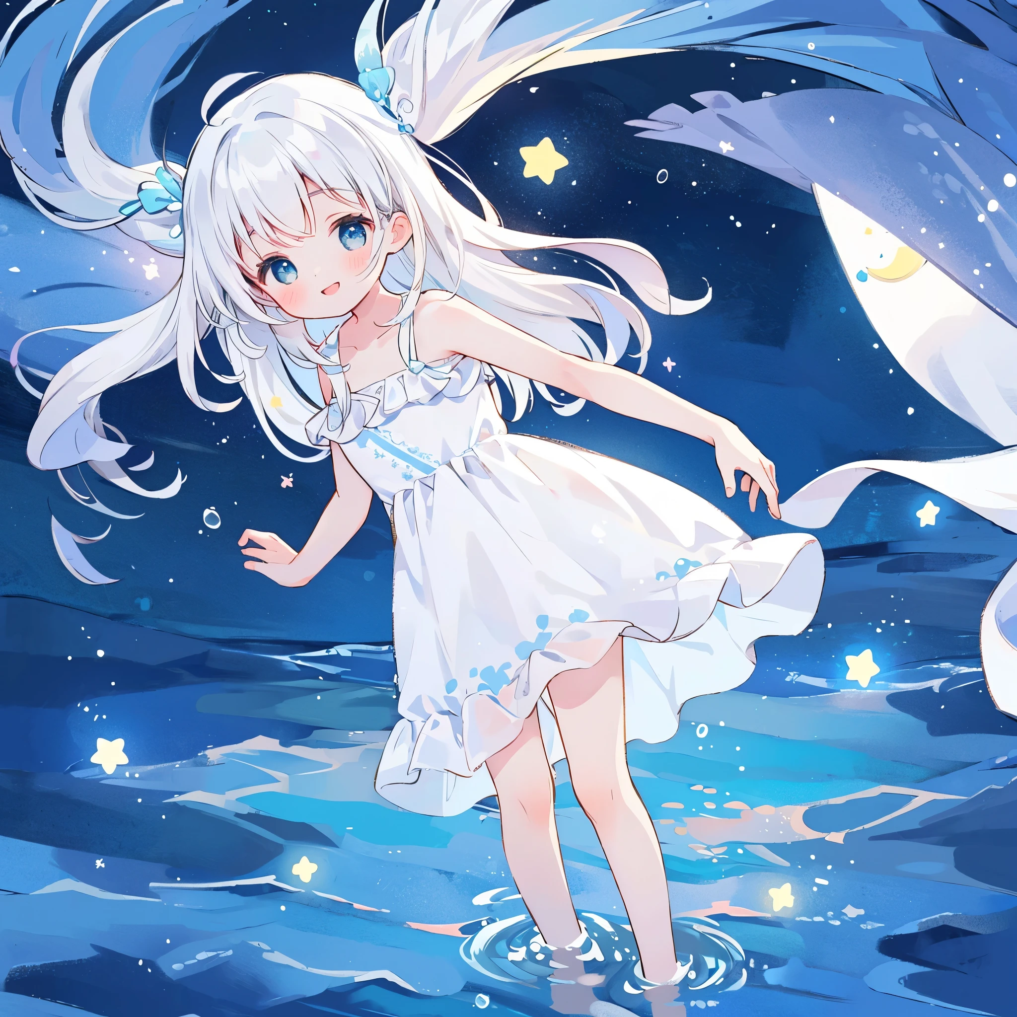 an ocean of stars, night sky, colorful, ethereal, charming girl in a white tutu, white hair, walking on the water, Her smile was filled with tenderness and joy, giant crescent white moon dipping into the water in the background, magical, whimsical, dreamscape, dreamy, fantasia, fantasy