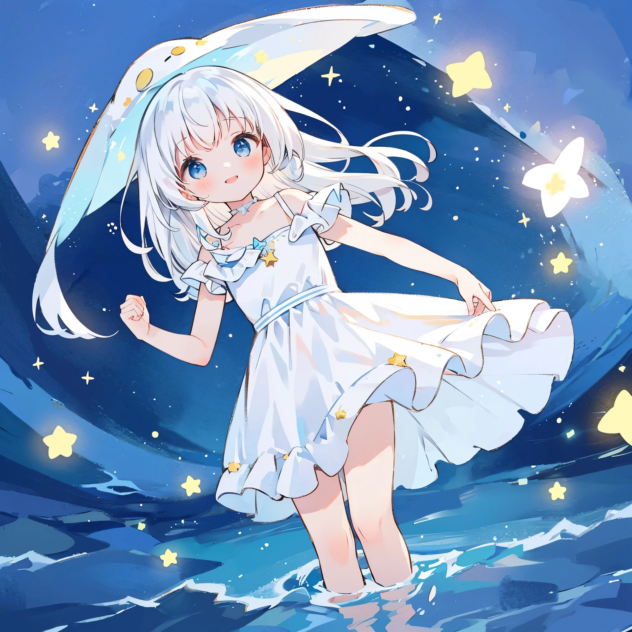 an ocean of stars, night sky, colorful, ethereal, charming girl in a white tutu, white hair, walking on the water, Her smile was filled with tenderness and joy, giant crescent white moon dipping into the water in the background, magical, whimsical, dreamscape, dreamy, fantasia, fantasy