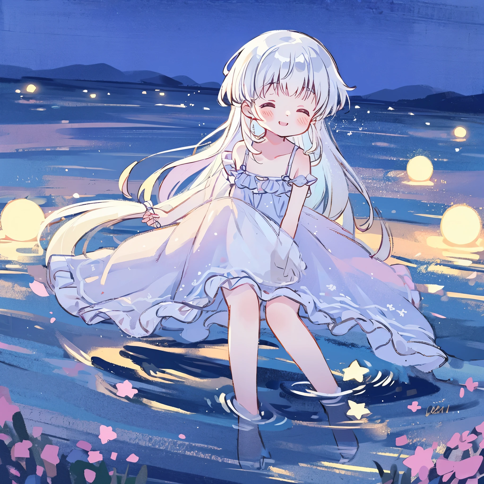 an ocean of stars, night sky, colorful, ethereal, charming girl in a white sheer doll dress, white hair, walking on the water, Her smile was filled with tenderness and joy, giant crescent moon, midjourney style