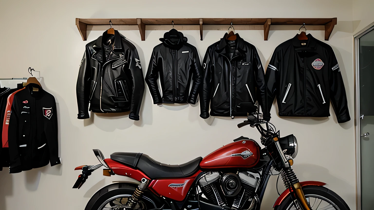 Indoor garage, motorcycle, helmet and jacket on the wall