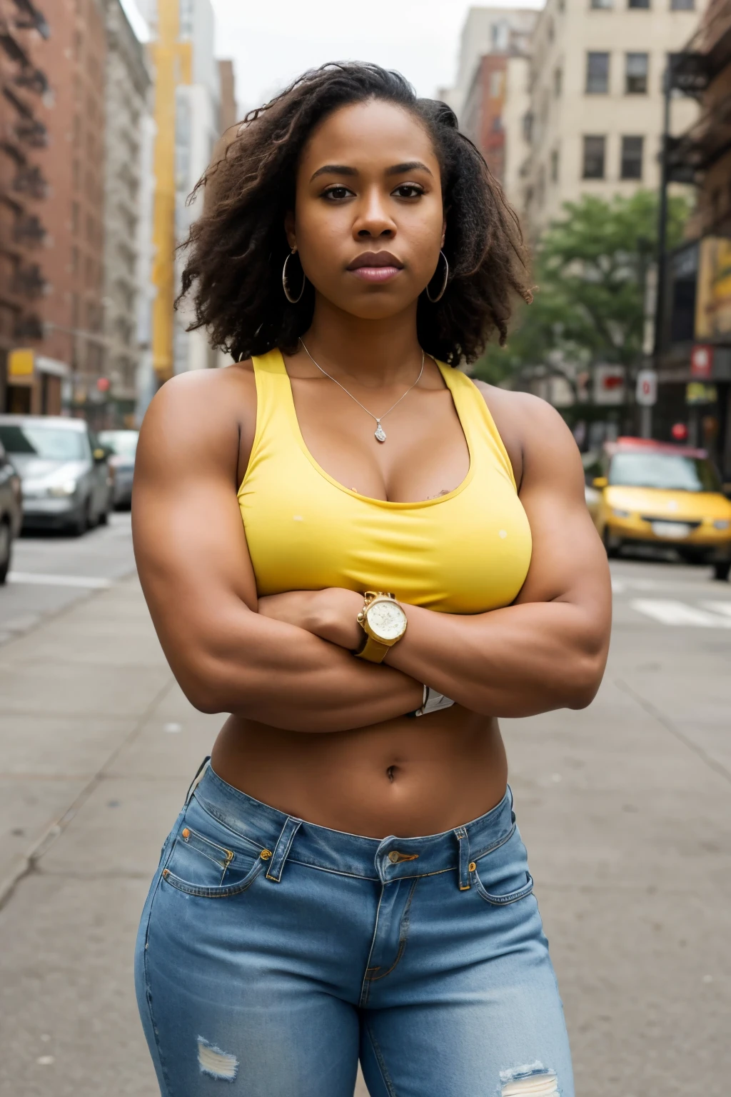 ((highest quality)), ((masterpiece)), (be familiar with), (LUKE CAGE)perfect face、female luke cage、folded arms pose、black woman、angry expression、sharp look、trained body、big breasts、big ass、plain yellow tank top、Navel exposed、Highly revealing distressed jeans、berry shorts、silver watch、NYC Harlem street in the background