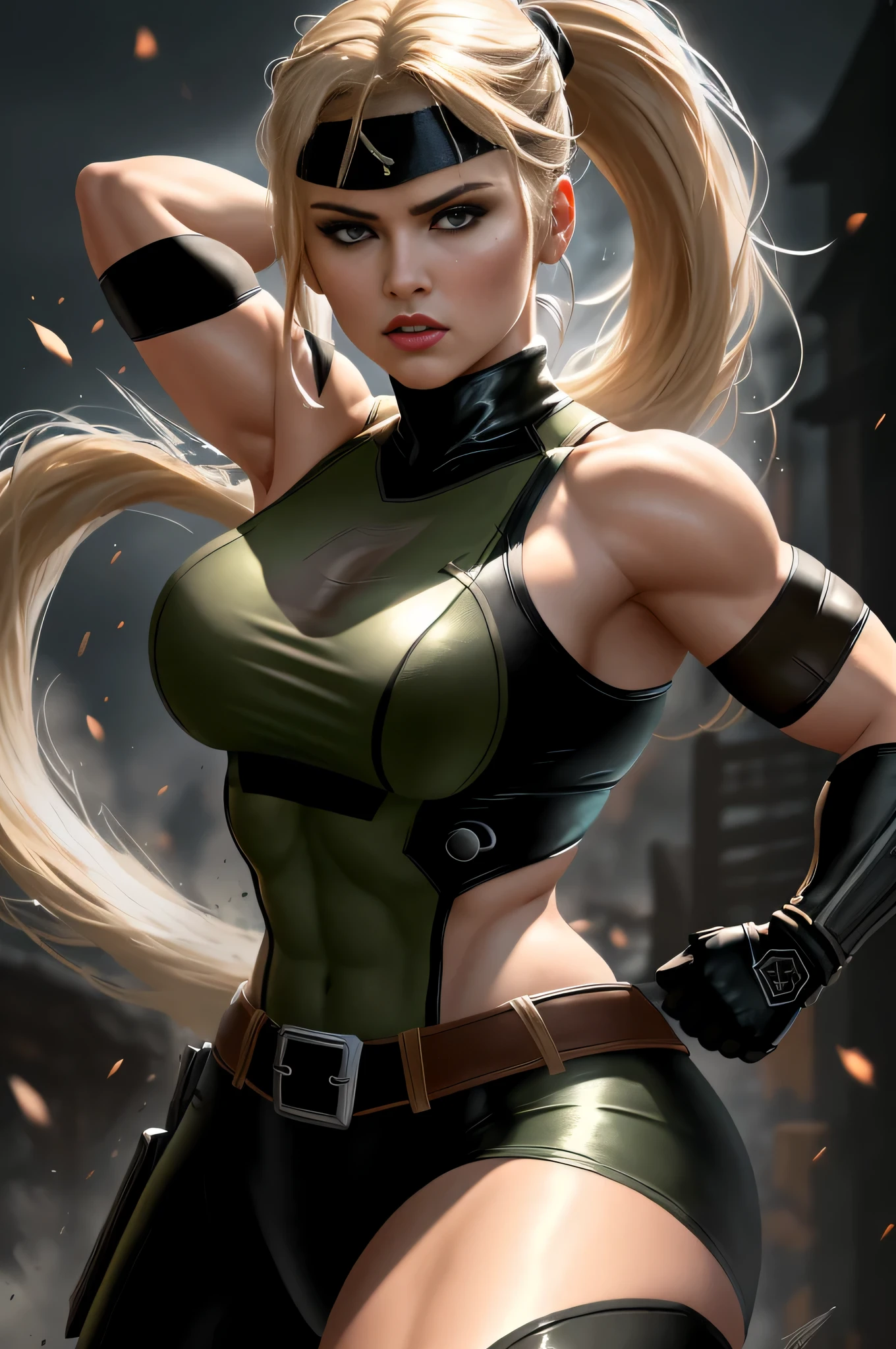 A detailed portrait of Sonya Blade from Mortal Kombat, with beautiful detailed eyes, lips, and face. (best quality,4k,8k,highres,masterpiece:1.2), ultra-detailed, (realistic,photorealistic,photo-realistic:1.37), HDR, UHD, studio lighting. Sonya Blade is depicted in her iconic military attire, showcasing her strength and determination. The painting should capture her fierce expression and powerful yet graceful stance. The background should incorporate elements that reflect the Mortal Kombat universe, such as a dark and ominous atmosphere. The colors should be vibrant and intense, with a slight greenish tone to represent the iconic Mortal Kombat aesthetic. The lighting should emphasize her features, casting strong and dramatic shadows on her face.