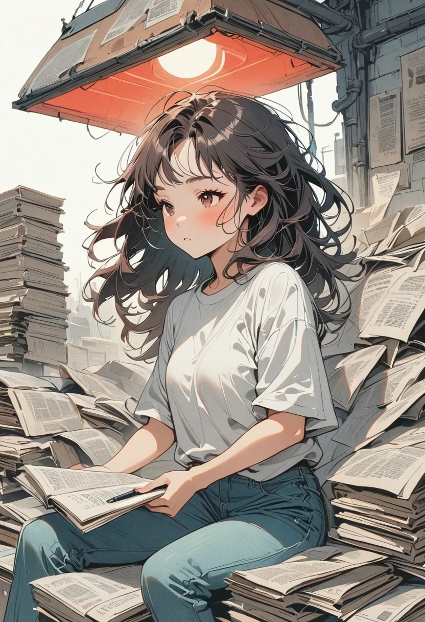 (Graphite painting), (A beautiful charming girl sits cross-legged on a mountain of old newspapers in the basement), (She is wearing a white crew neck shirt and jeans), young wild asian face, Slightly mixed face shape, (Slightly square chin: 0.4), Messy and too long, Hard curly hair, lazy, (perfect face), The slender eyes narrowed slightly, sports shoes, (Industrial lights on the roof emit a dim, weak red light: 1.34),
background: The basement is covered with many old newspapers and dilapidated walls, industrial style, retro shabby,
90s anime style, Bold silhouettes, Graphic arts, line art, black and white, line art with pen pressure, Pen pressure sketch, With pen pressure的书法笔, G pen style，With pen pressure, Hand drawn thick lines, high contrast, Most models,